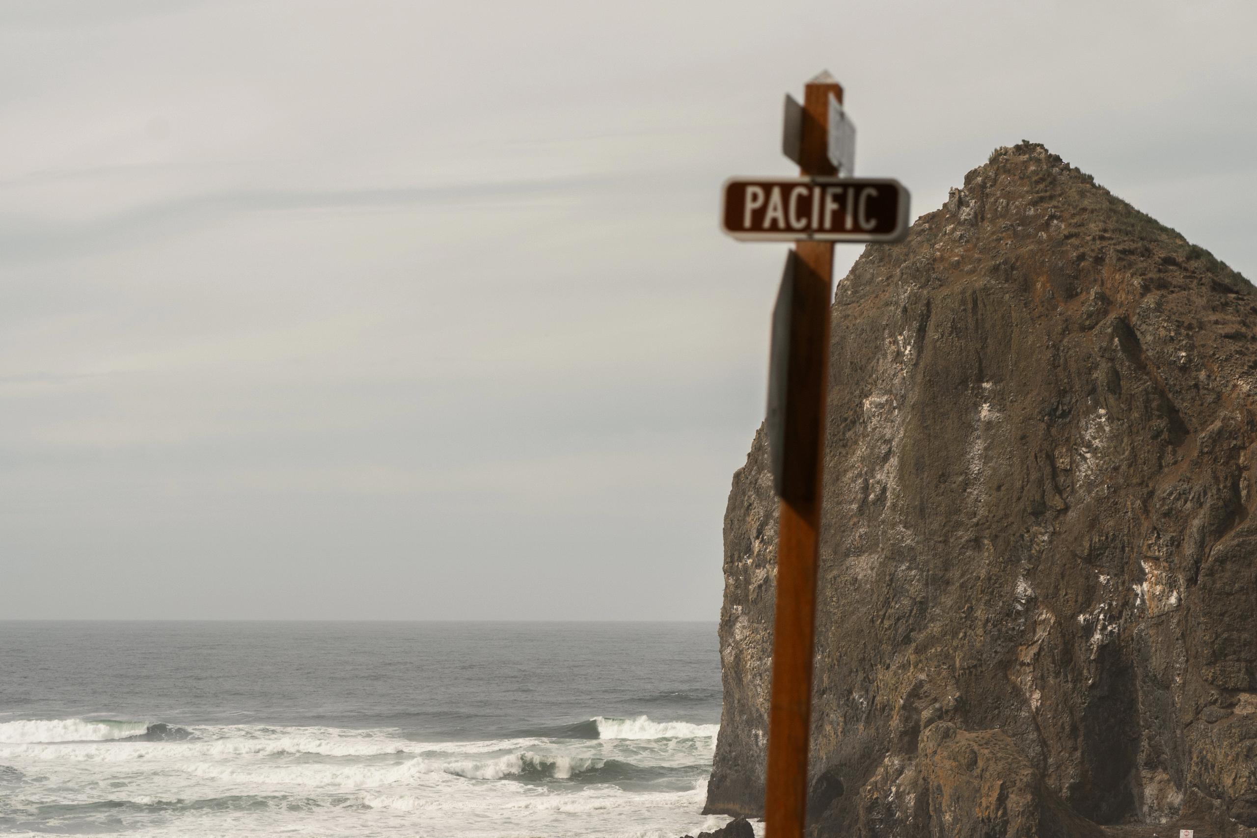 Pacific coastal signpost with rocky cliff and ocean waves
