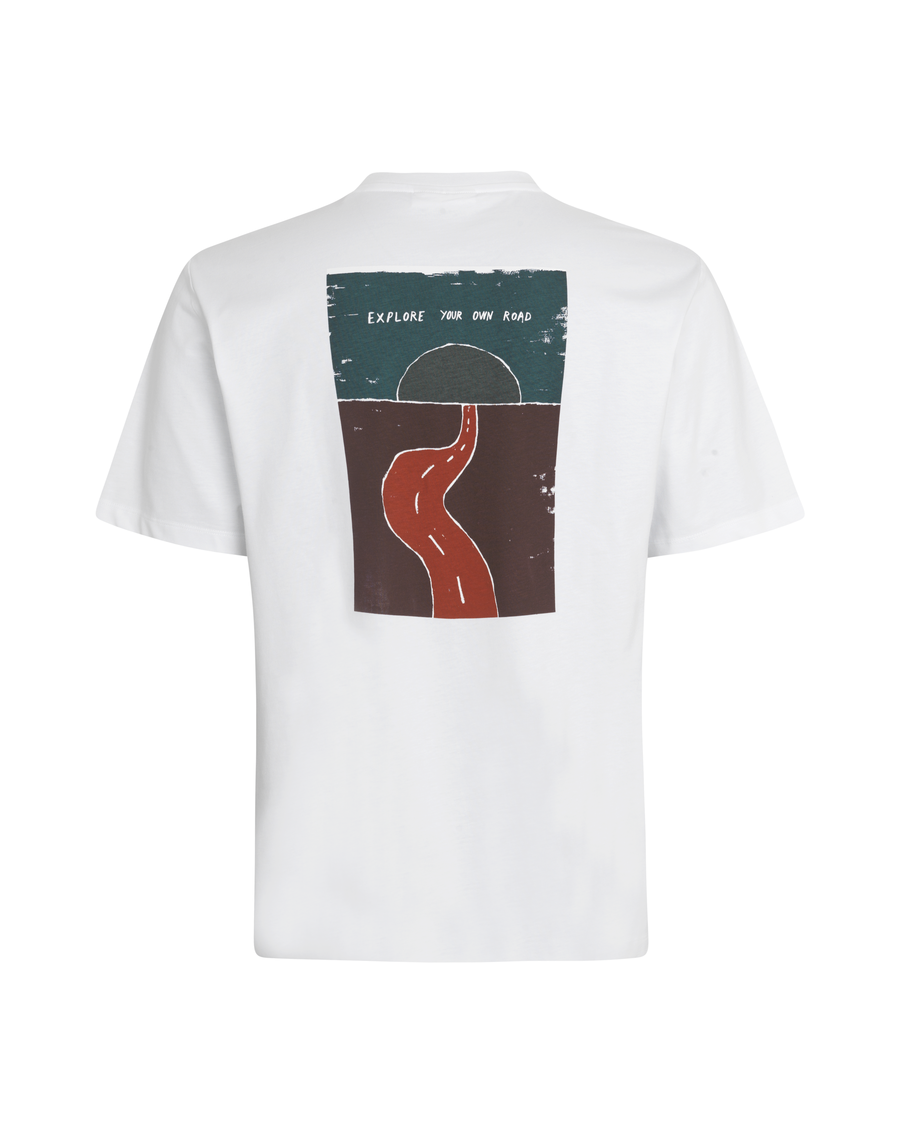 White Off-Race Graphic t-shirt, rear view with road illustration and "Explore Your Own Road" text