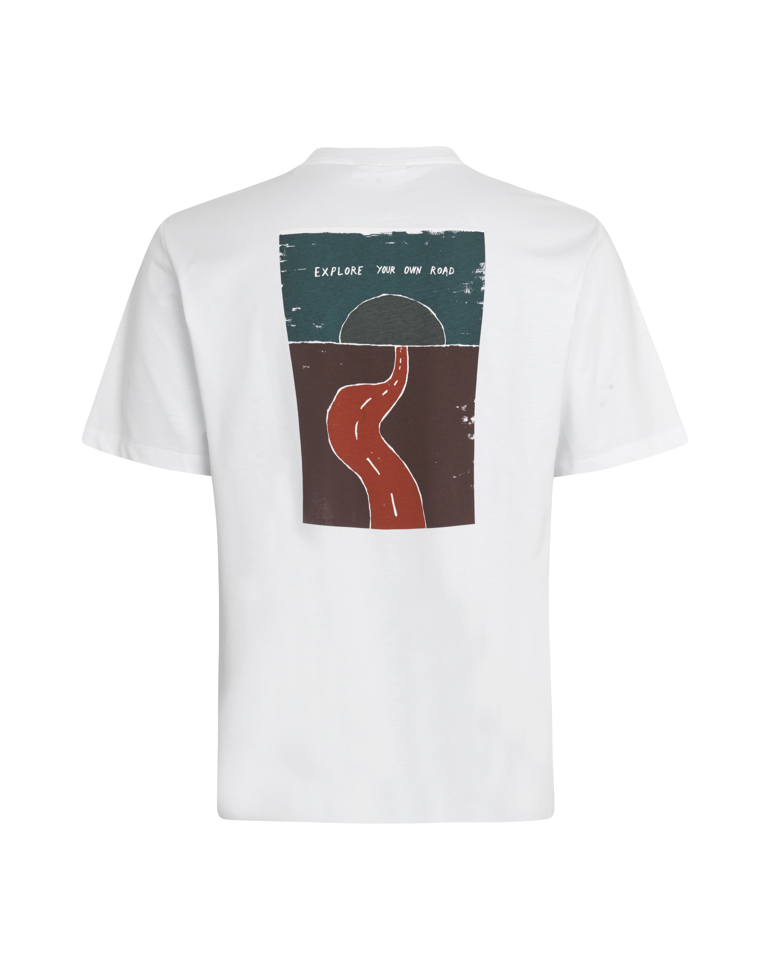 White Off-Race Graphic t-shirt, rear view with road illustration and "Explore Your Own Road" text