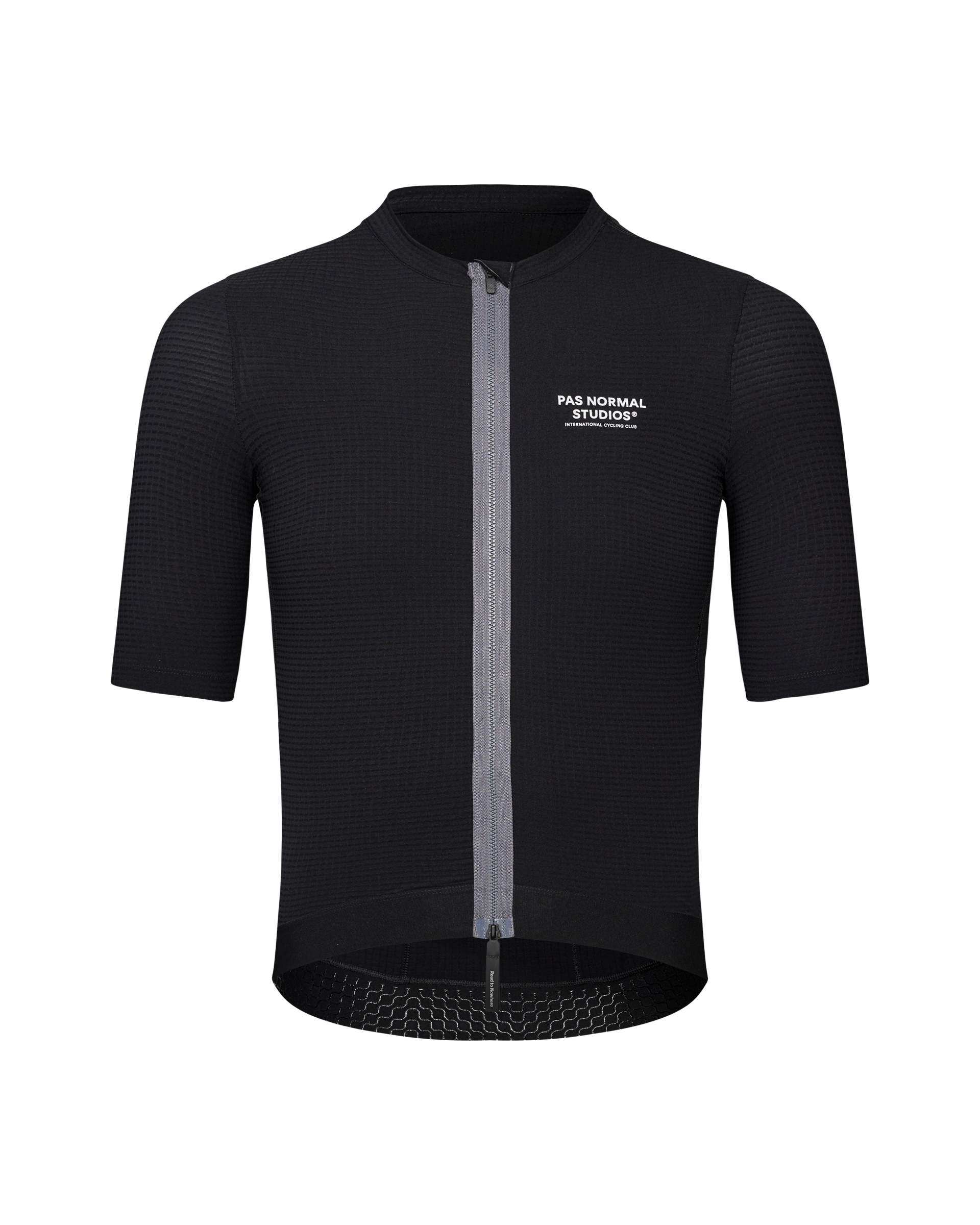 Black Escapism cycling jersey, front view with textured fabric and white chest logo