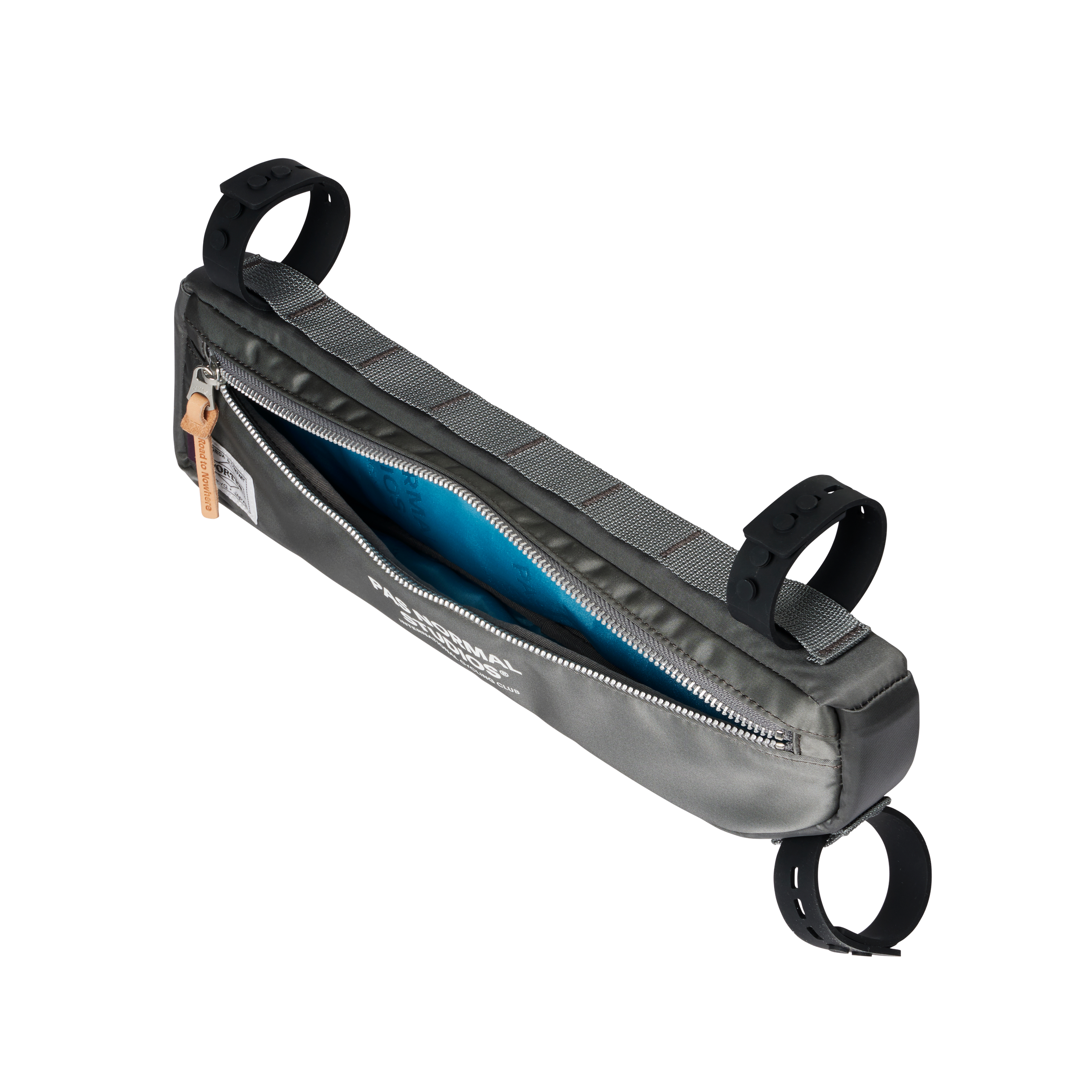 Grey Porter-Yoshida frame bag, opened three-quarter view showing teal interior lining and silver zip with leather pull