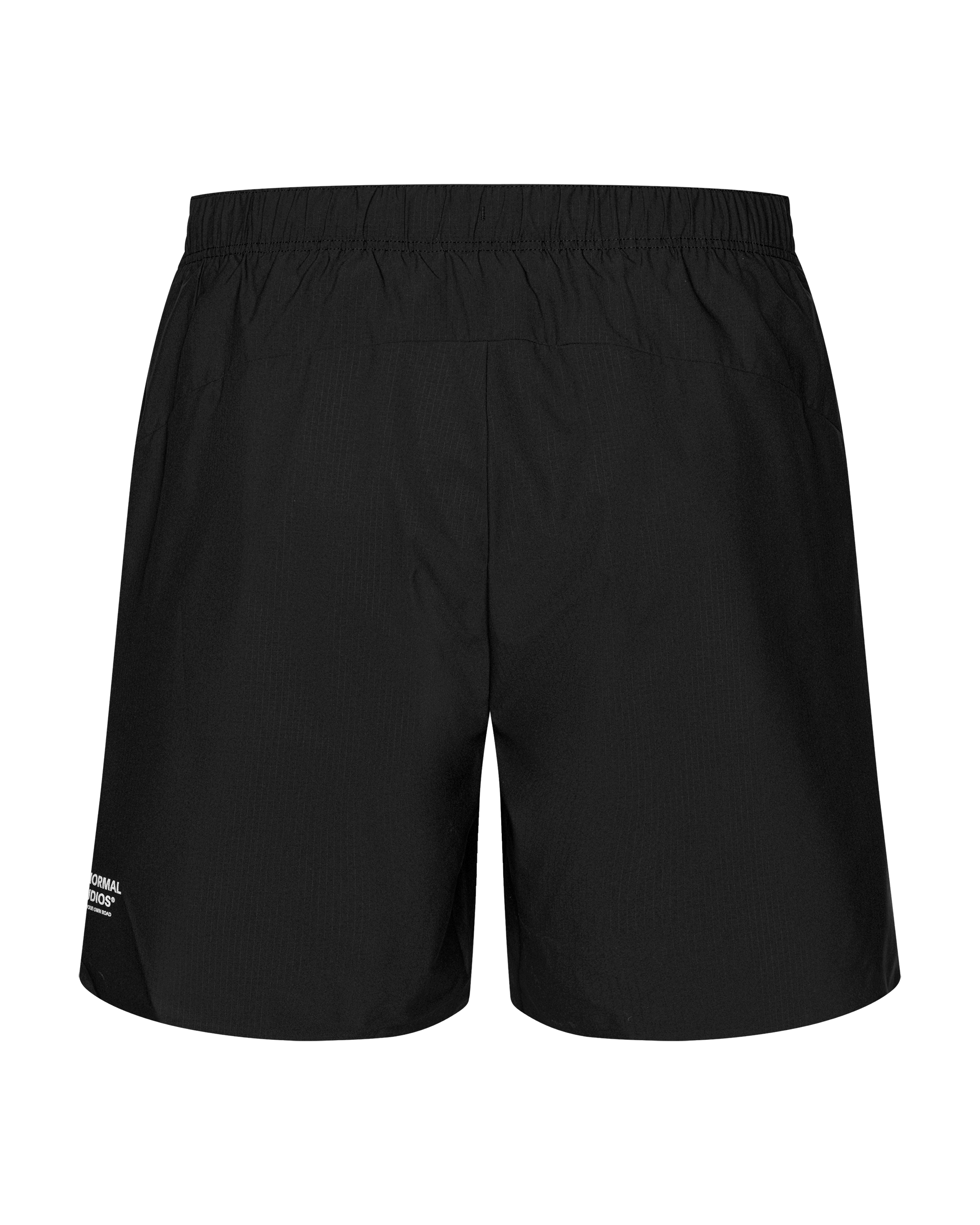 Black Balance men's shorts, rear flat lay with elastic waistband and small logo print on left leg