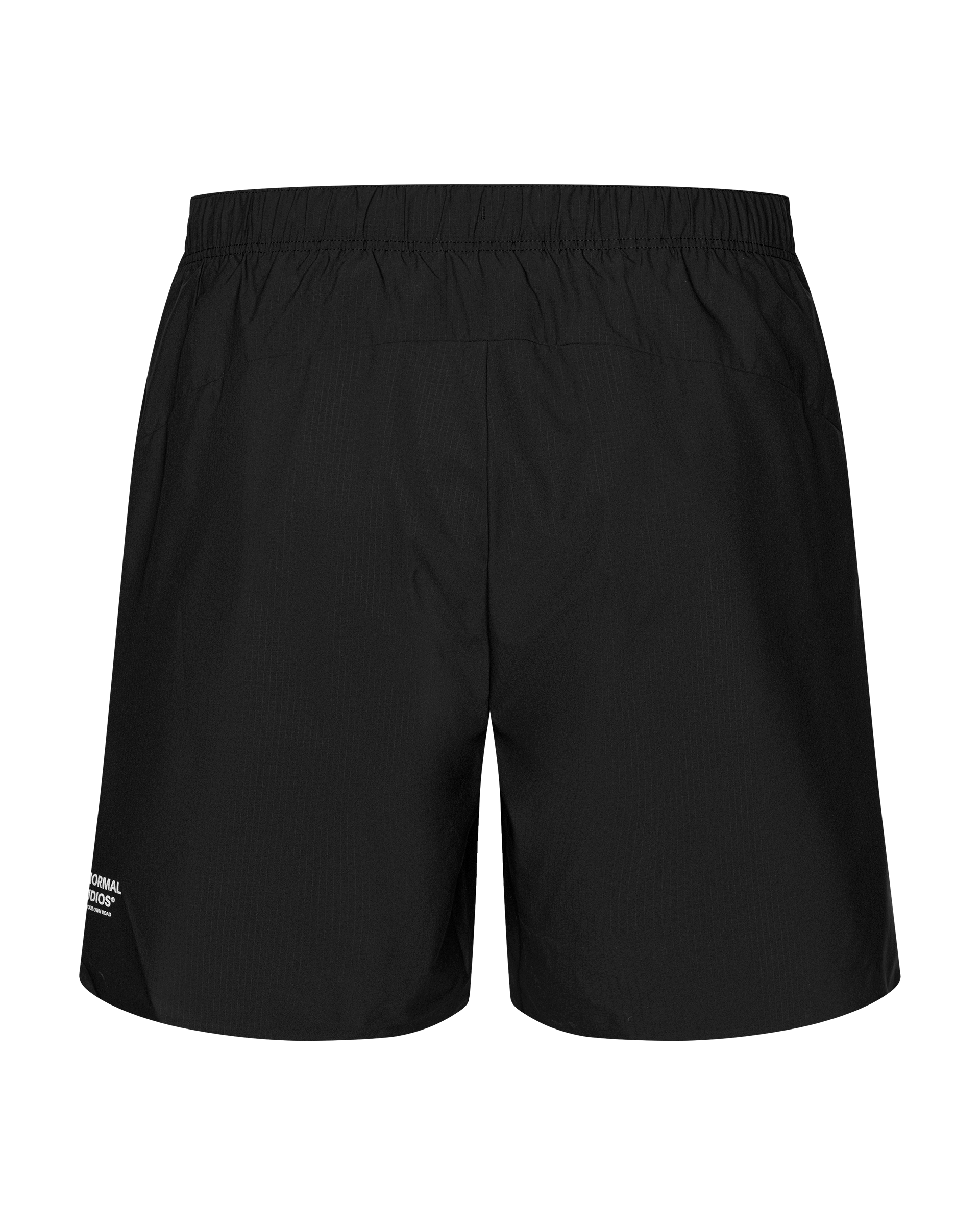 Black Balance men's shorts, rear flat lay with elastic waistband and small logo print on left leg
