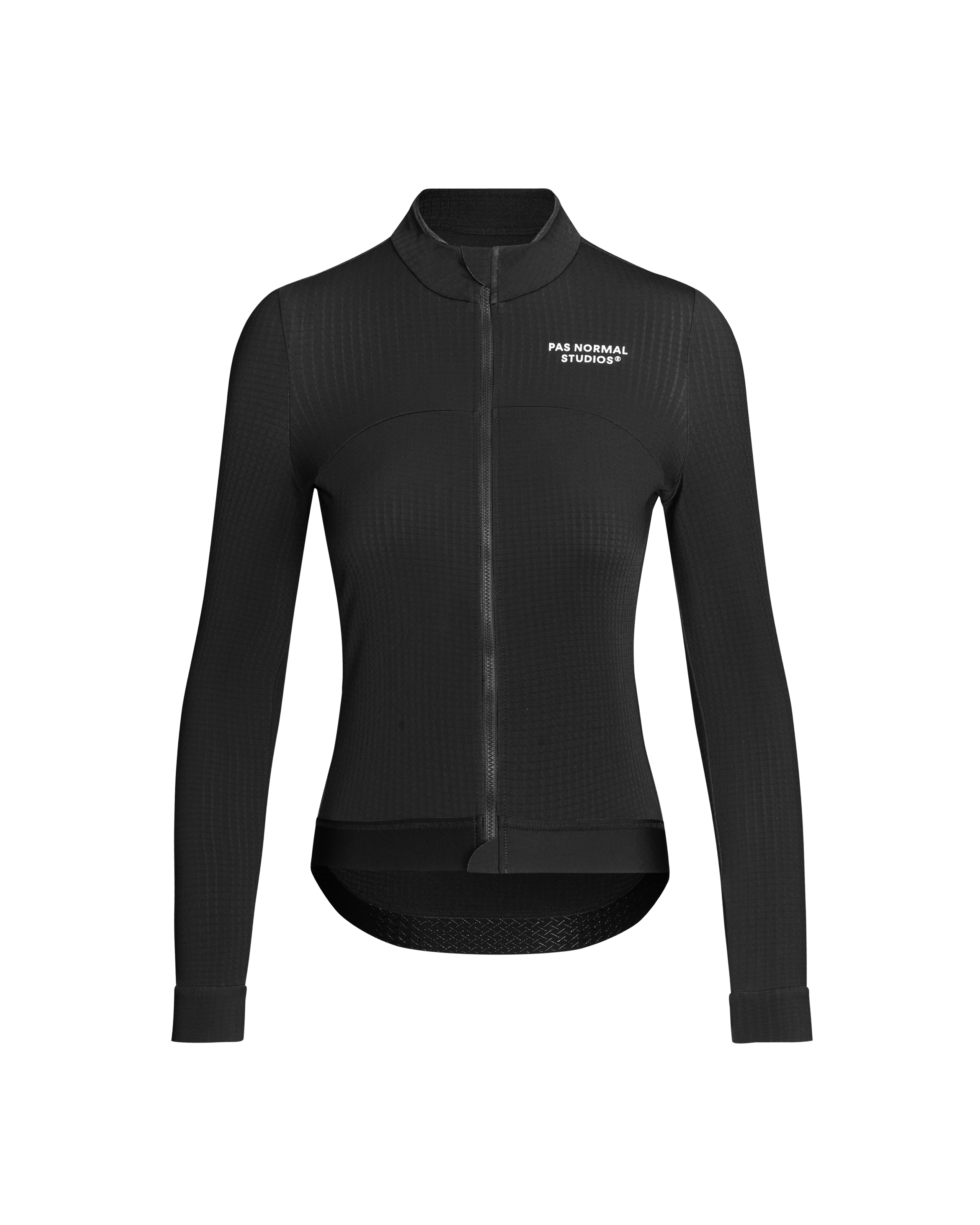Black Essential long sleeve cycling jersey, front view with ribbed texture panels