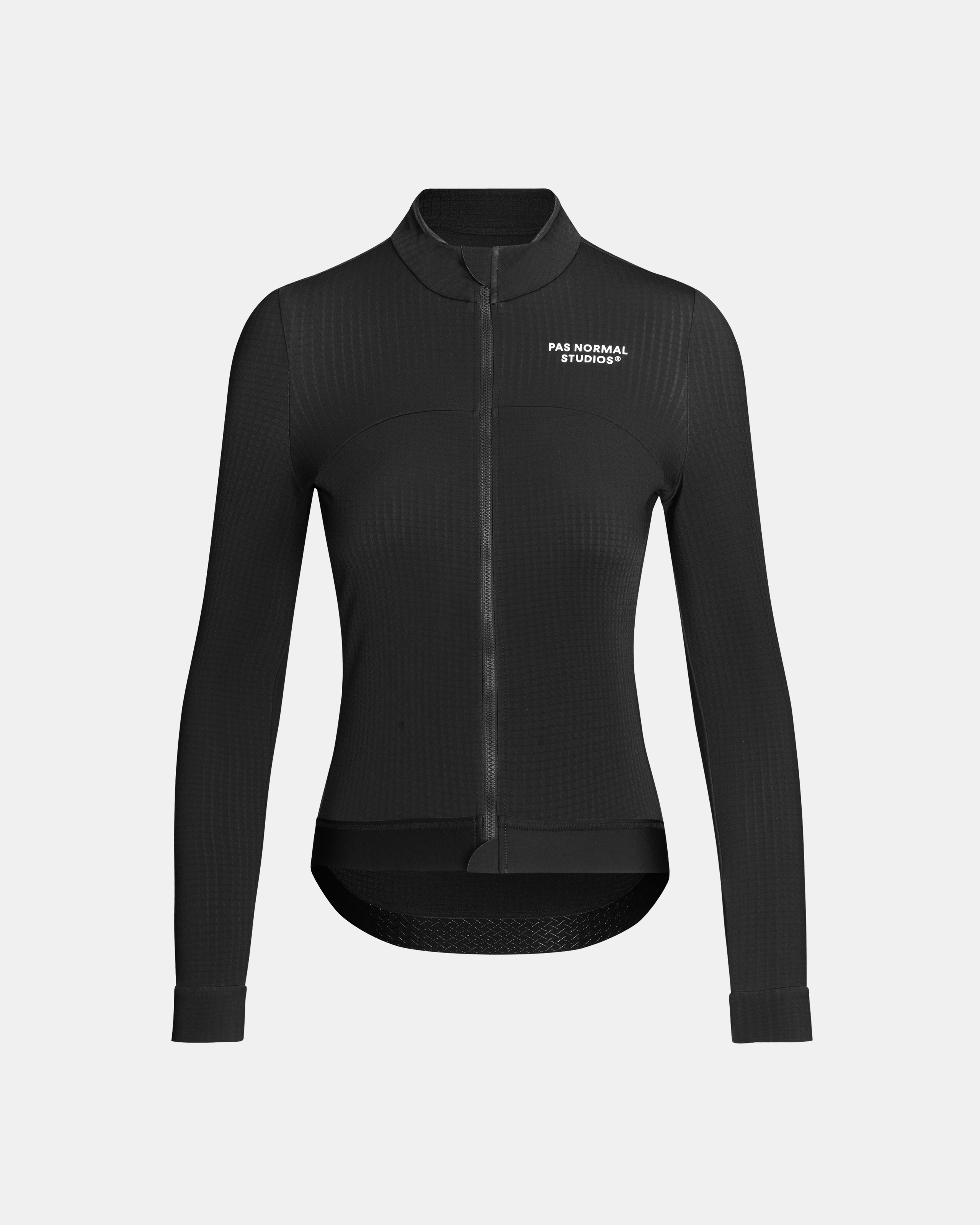 Black Essential long sleeve cycling jersey, front view with ribbed texture panels
