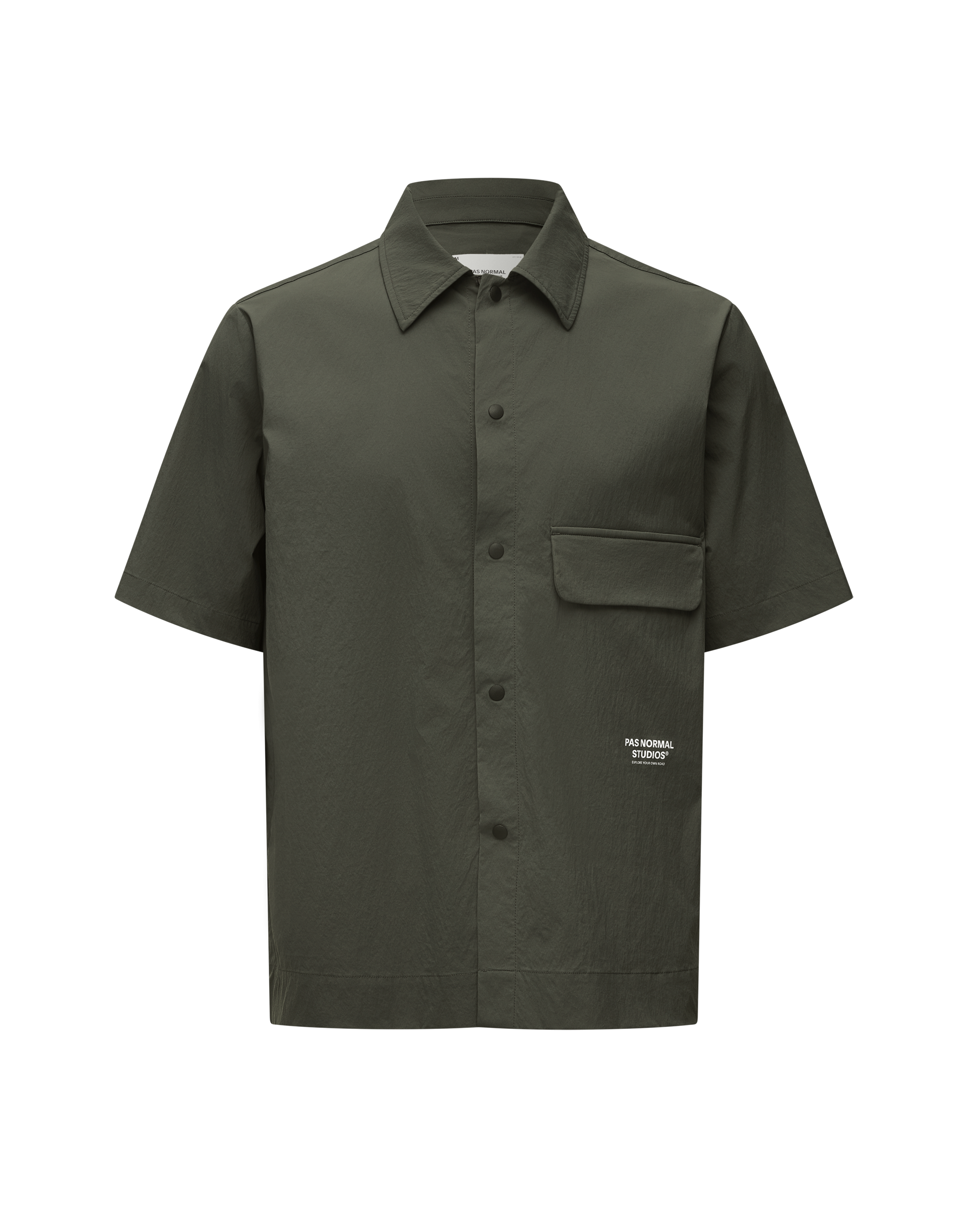 Dark Grey Off-Race Light Tech shirt, front view with chest pocket and button closure