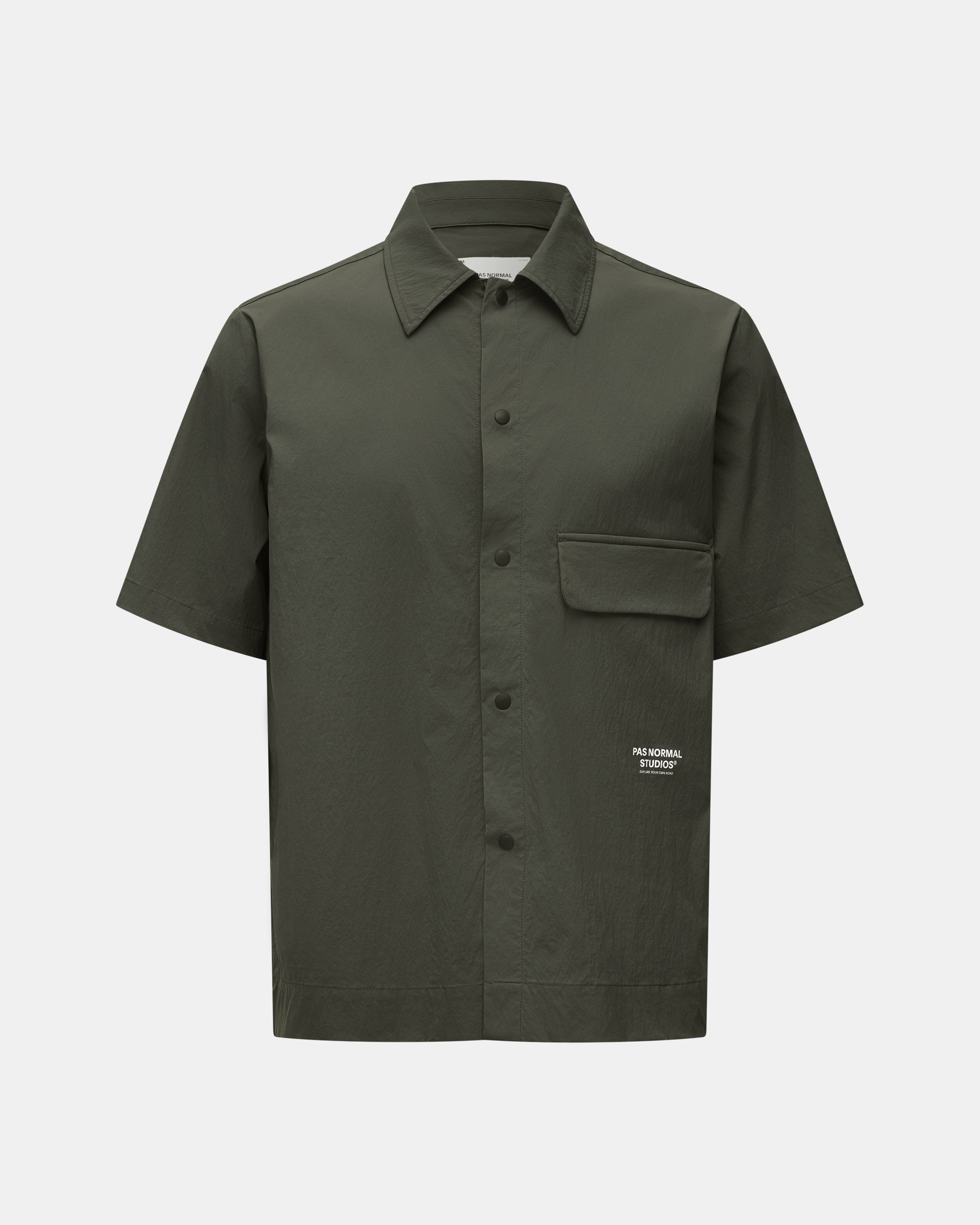 Dark Grey Off-Race Light Tech shirt, front view with chest pocket and button closure