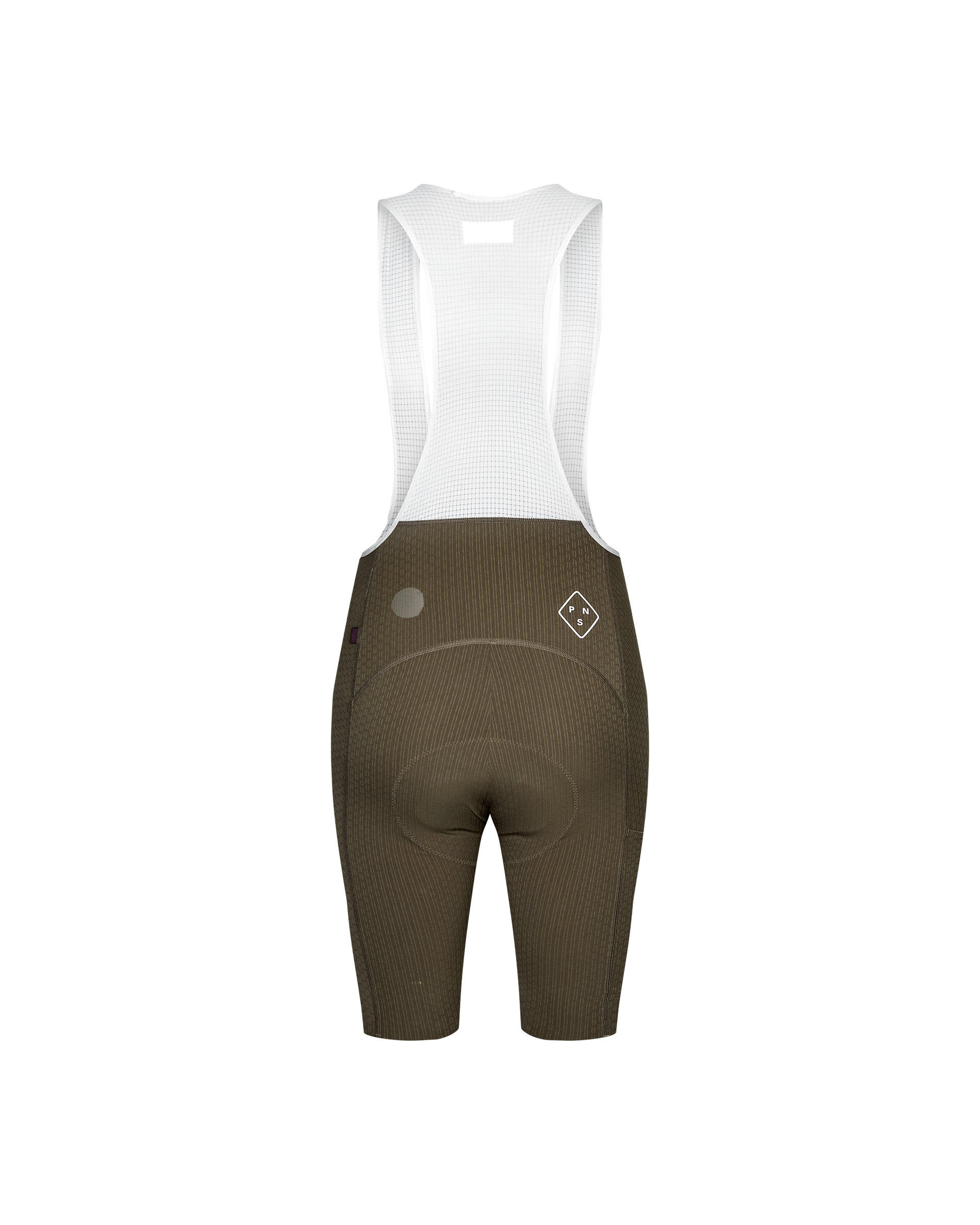 Dark Stone T.K.O. Essential Light Cargo cycling bibs, rear view with white mesh straps and diamond logo