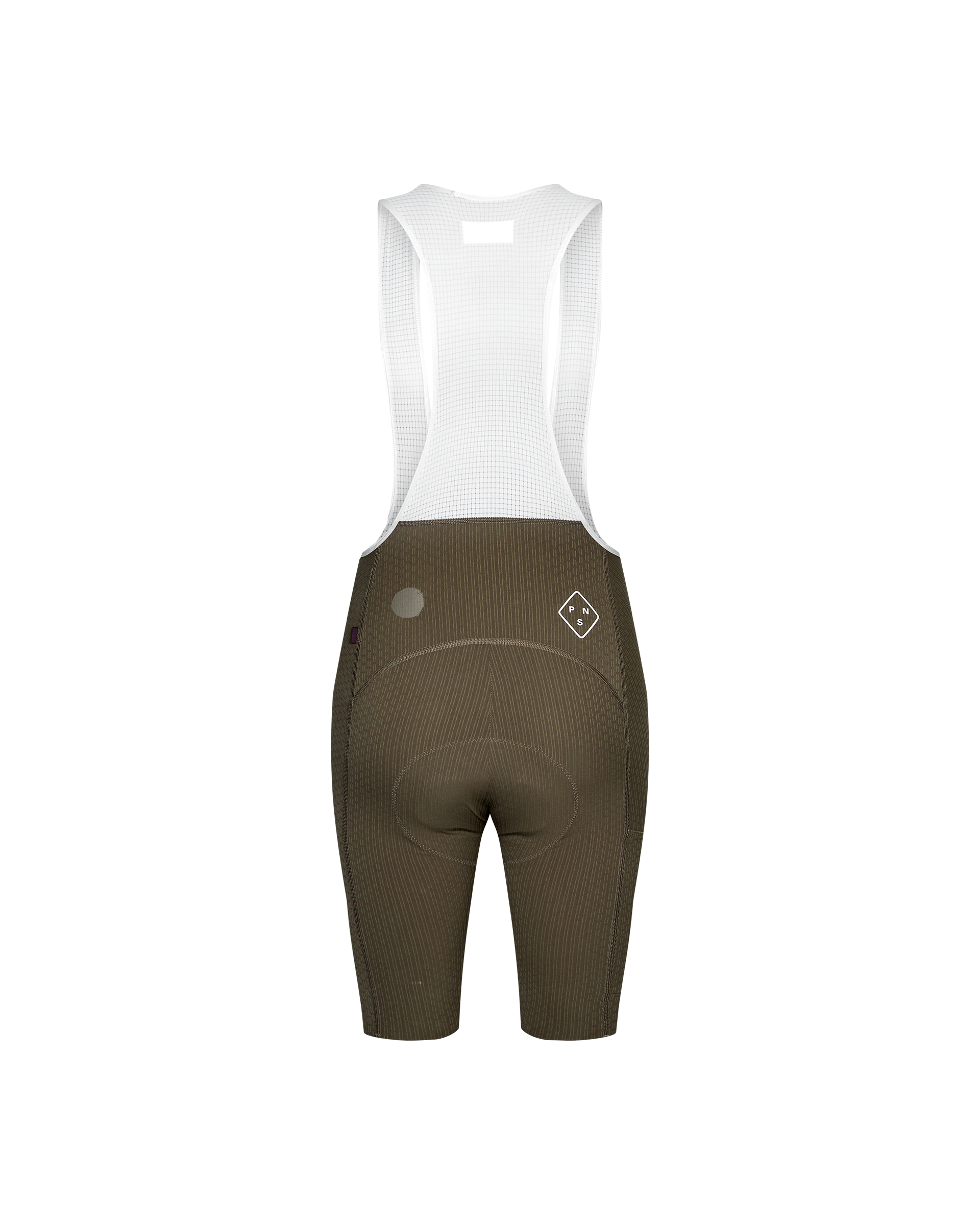 Dark Stone T.K.O. Essential Light Cargo cycling bibs, rear view with white mesh straps and diamond logo