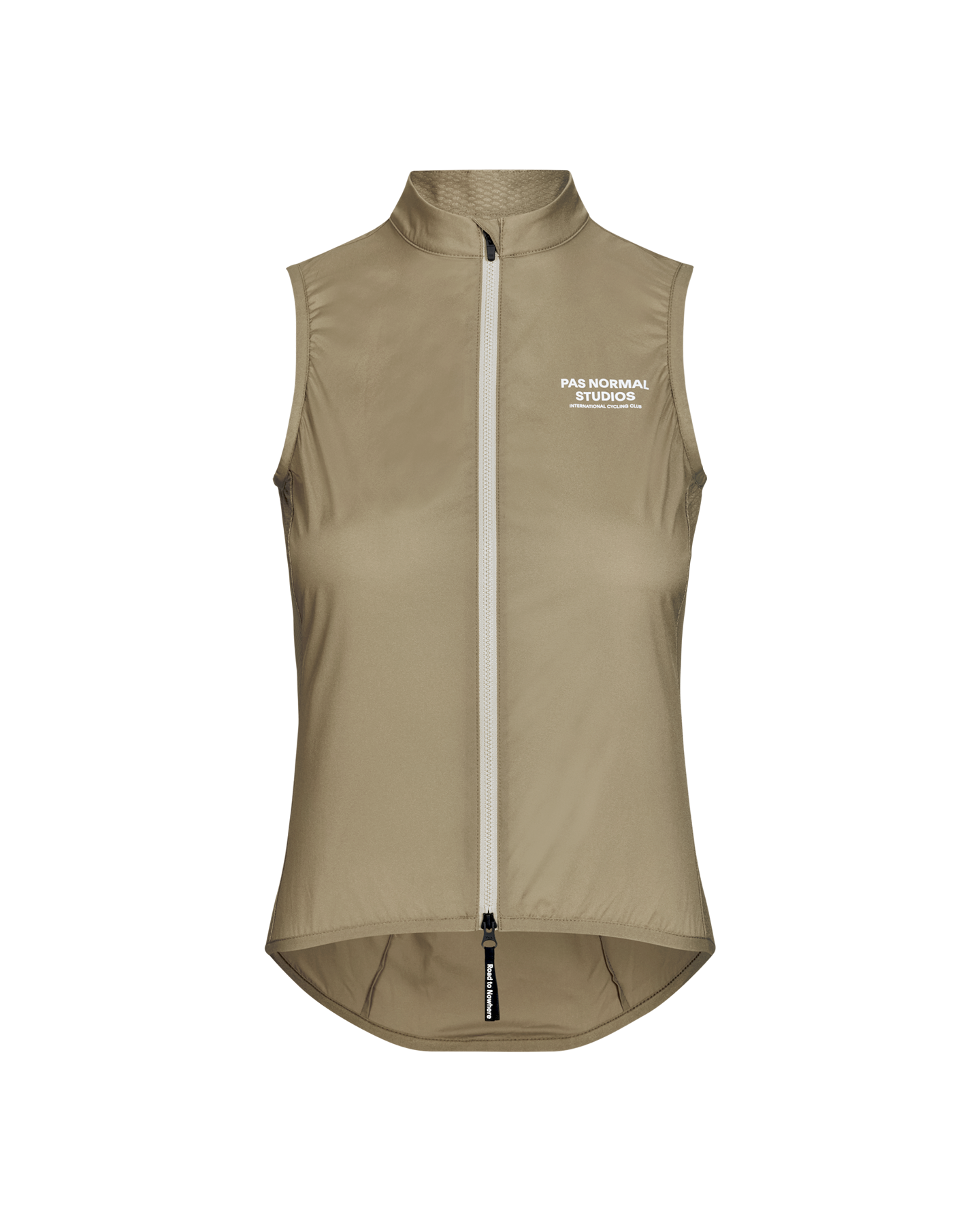 Beige Mechanism Stow Away cycling gilet, front view with white chest logo