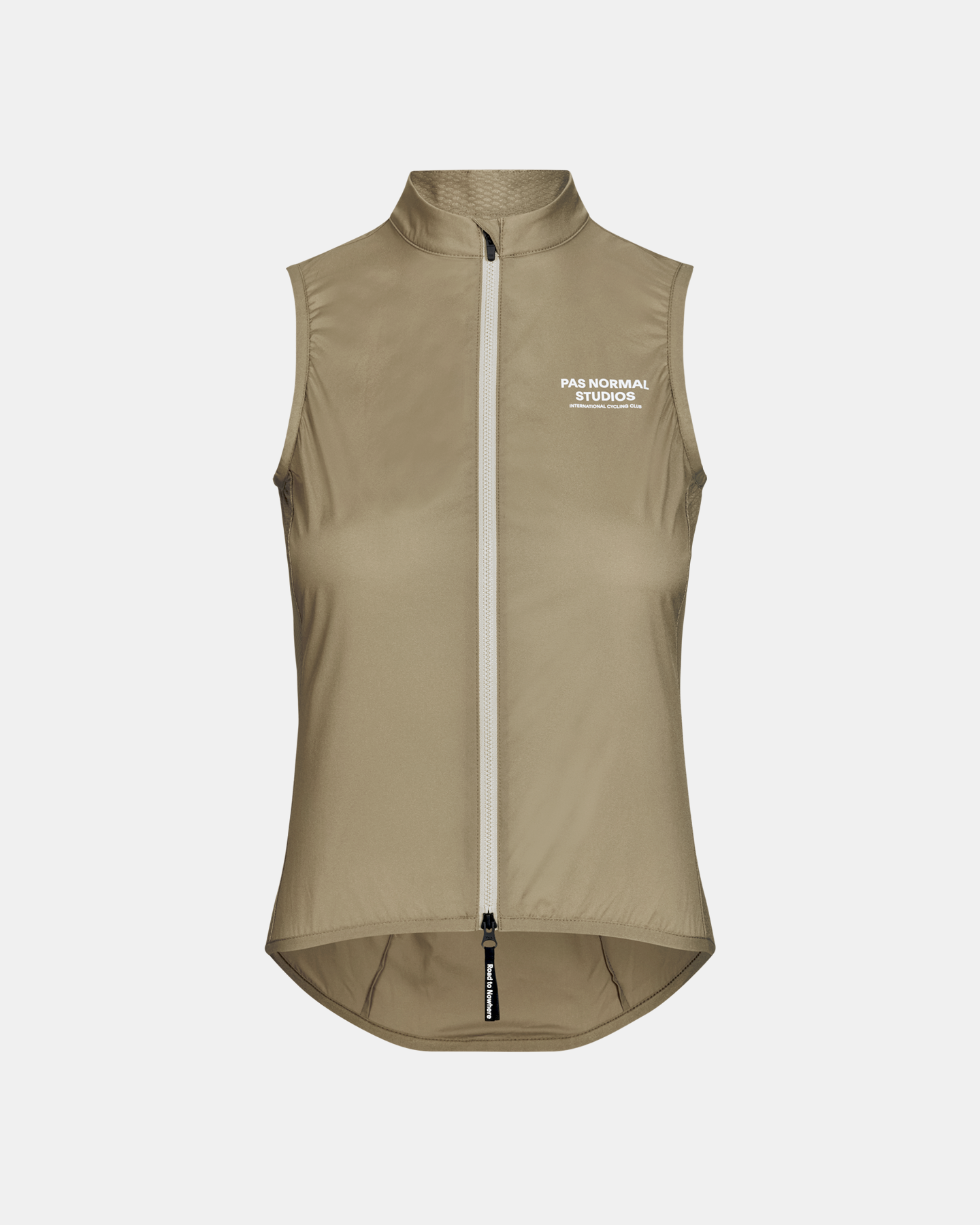 Beige Mechanism Stow Away cycling gilet, front view with white chest logo
