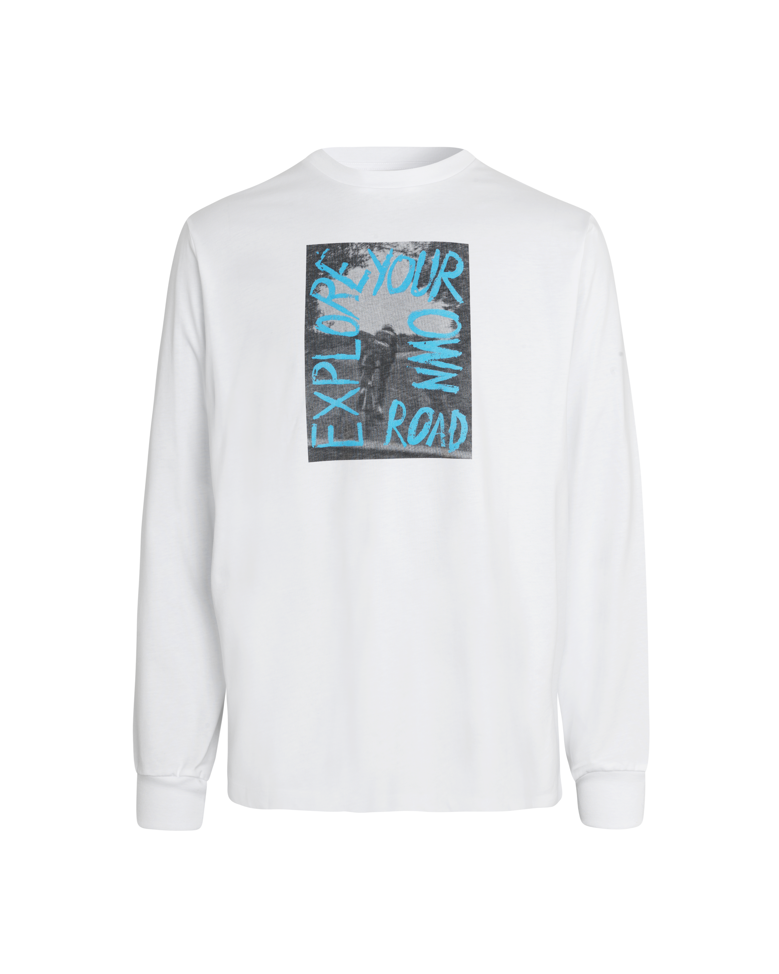 White Off-Race Graphic long sleeve t-shirt, front view with blue "EXPLORE YOUR OWN ROAD" chest print