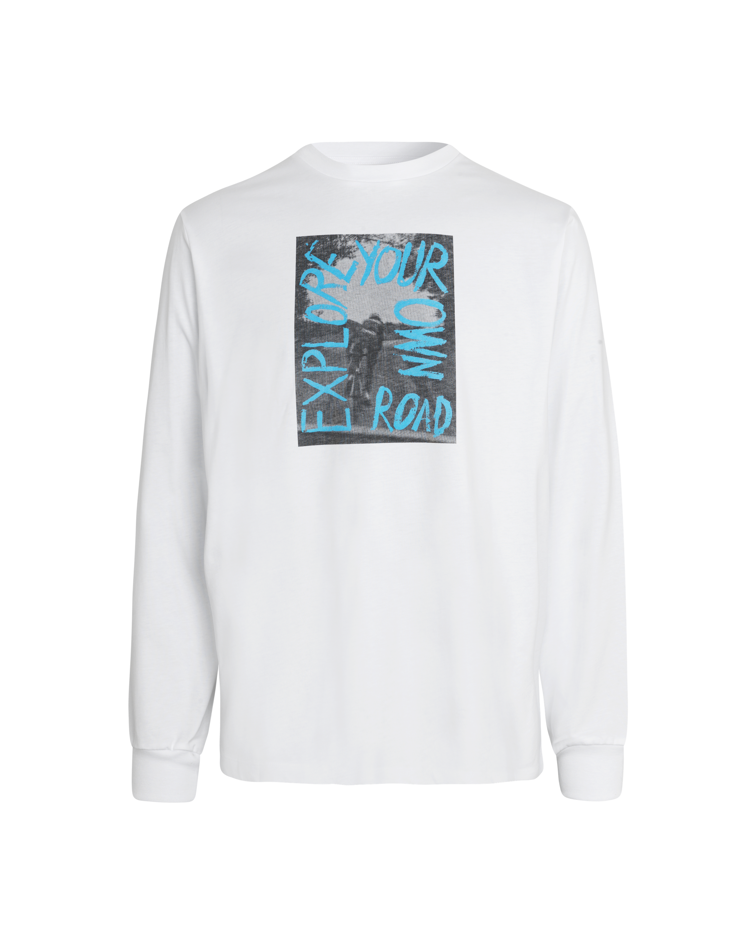 White Off-Race Graphic long sleeve t-shirt, front view with blue "EXPLORE YOUR OWN ROAD" chest print