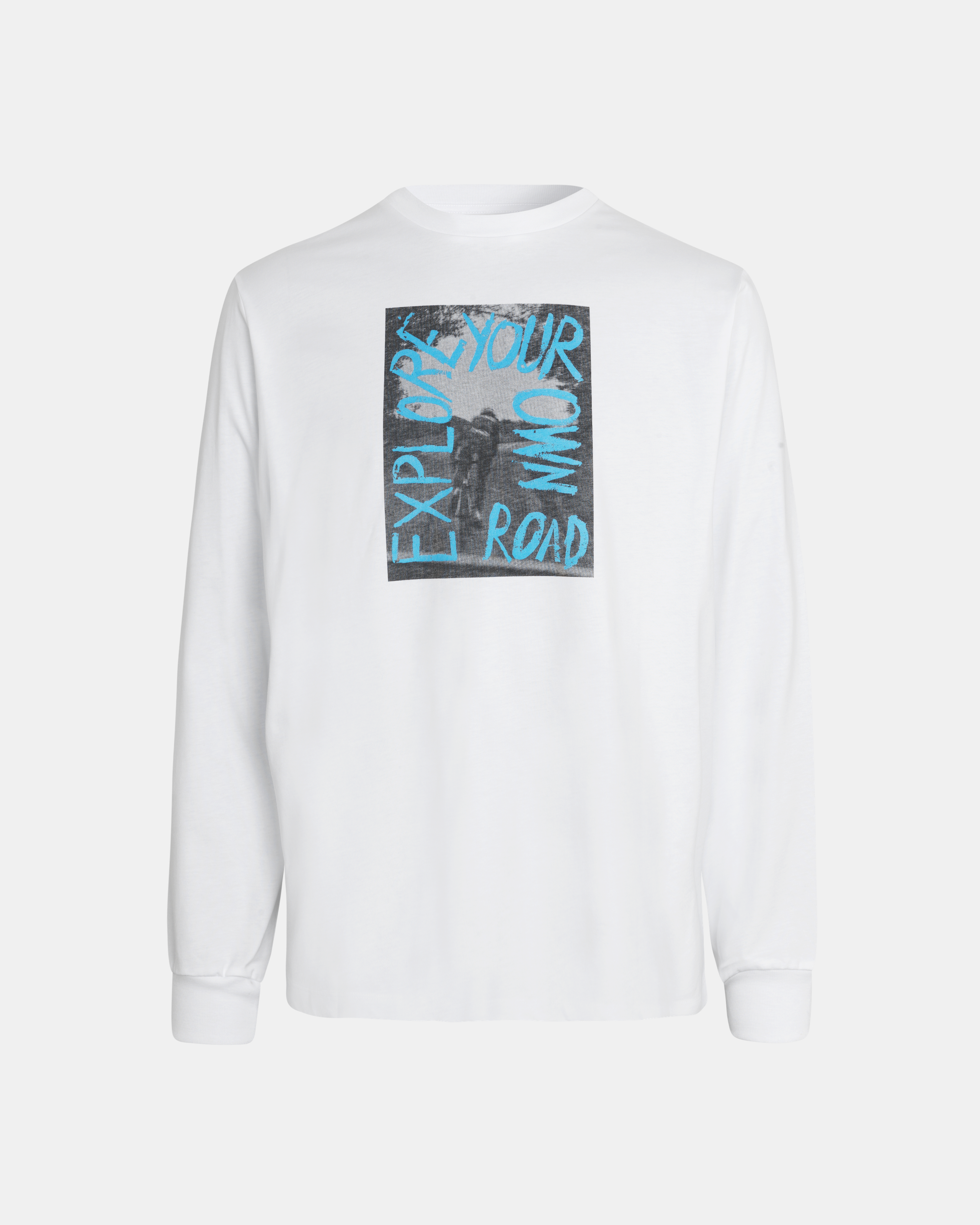 White Off-Race Graphic long sleeve t-shirt, front view with blue "EXPLORE YOUR OWN ROAD" chest print