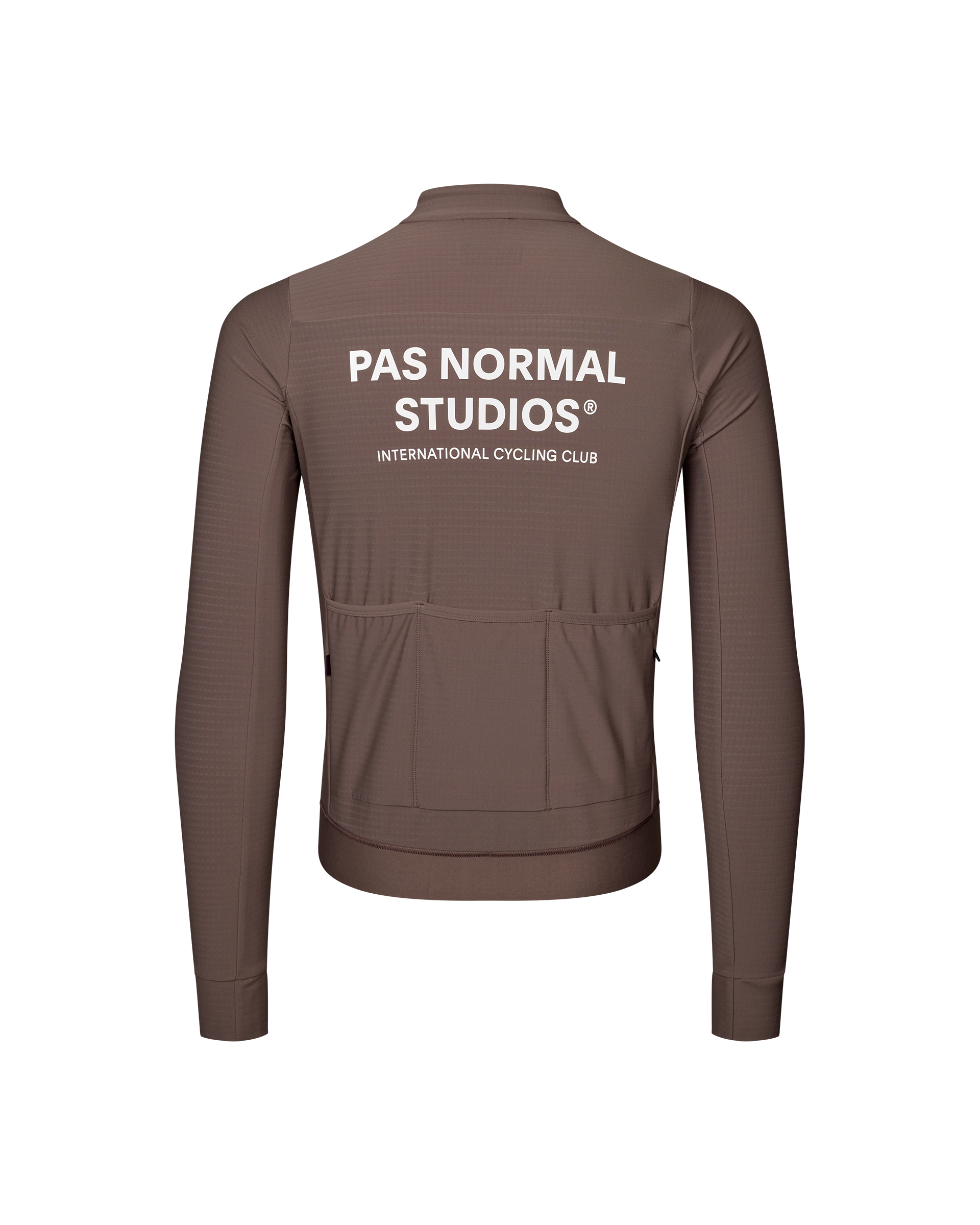 Dusty Plum Essential long sleeve cycling jersey, rear flat lay with white back print and three pockets