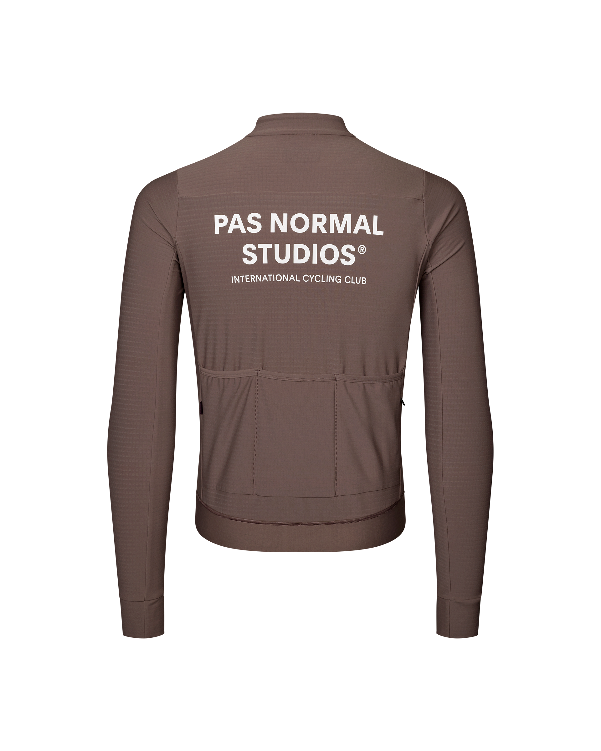 Dusty Plum Essential long sleeve cycling jersey, rear flat lay with white back print and three pockets