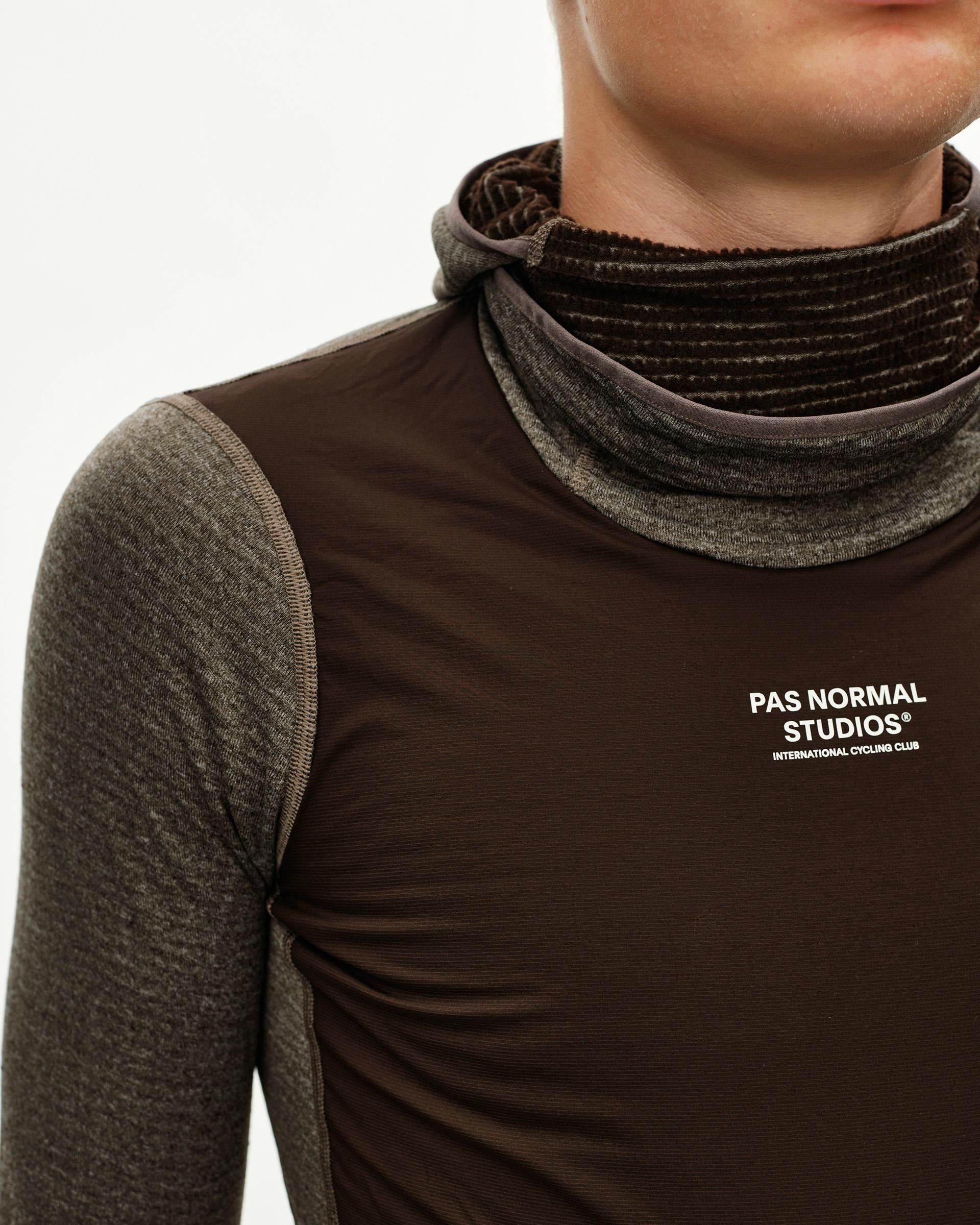 Dark Coffee brown Thermal Hooded Windproof cycling base layer, front detail with ribbed neck gaiter and chest logo print