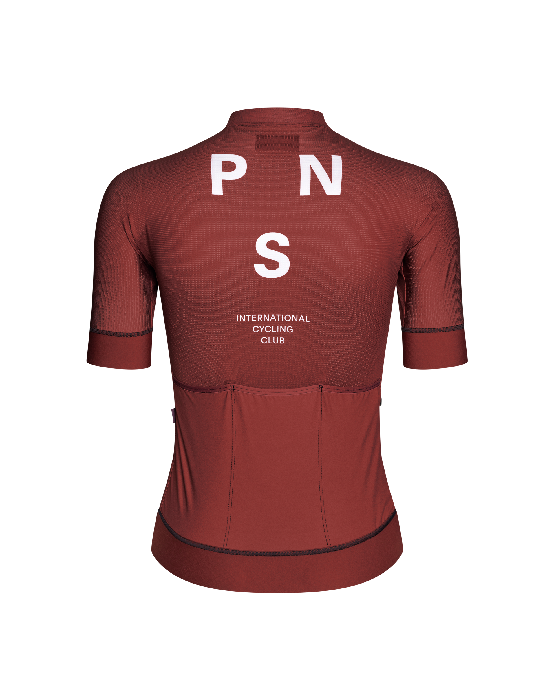 Maroon Mechanism cycling jersey, rear view with white PNS logo and three back pockets