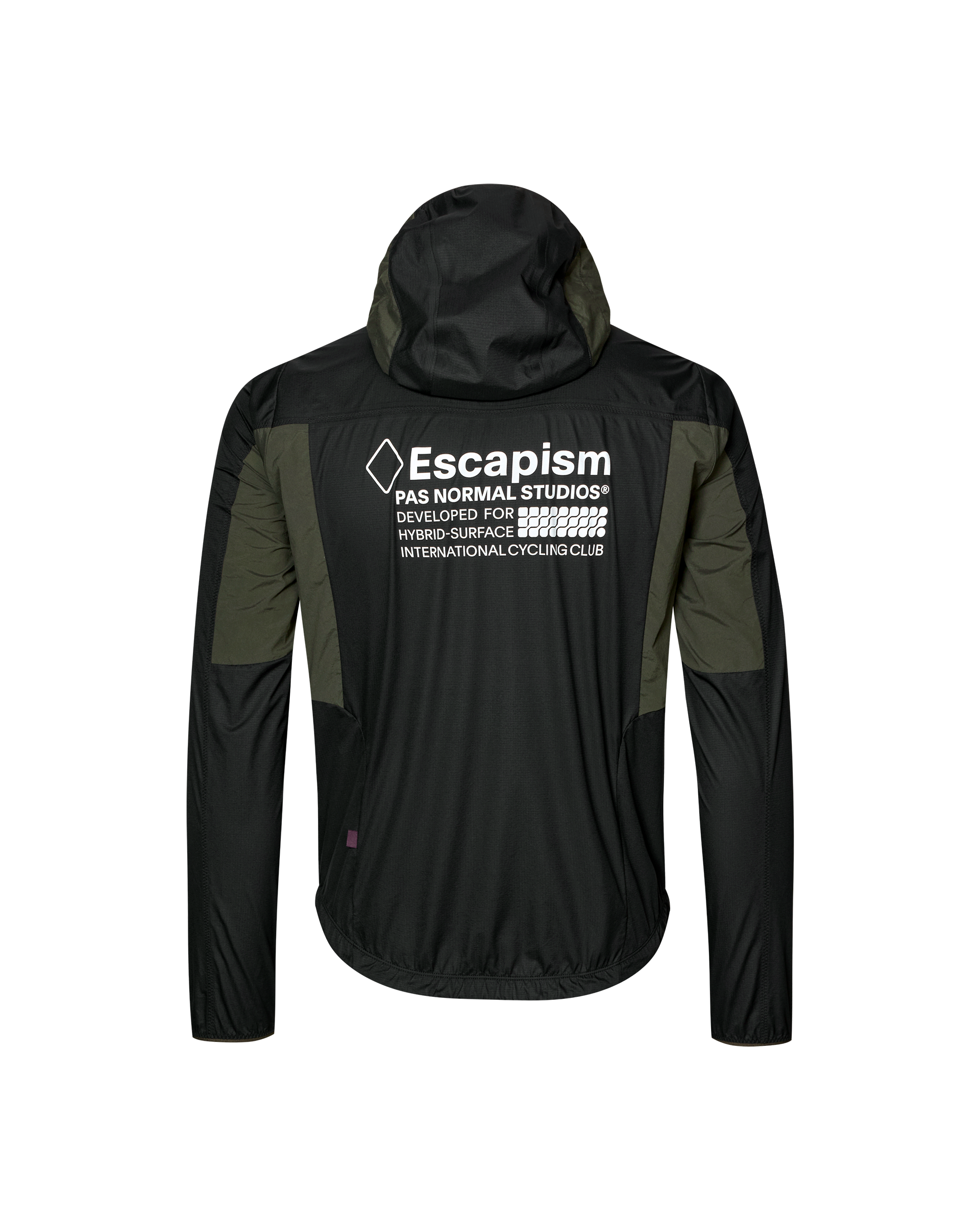 Black Escapism Hooded Lightweight cycling jacket, rear flat lay with olive green panel inserts and back graphic print
