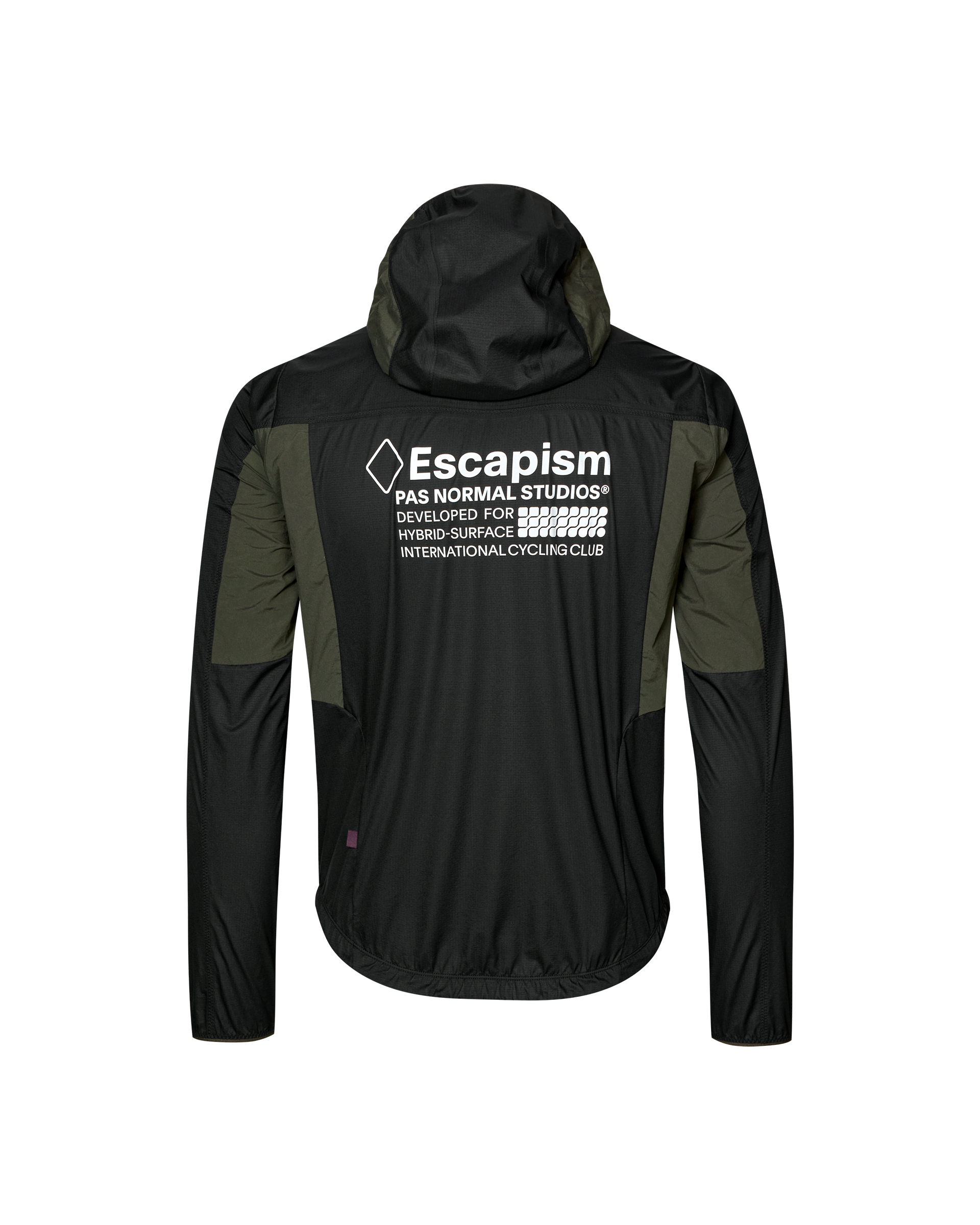Black Escapism Hooded Lightweight cycling jacket, rear flat lay with olive green panel inserts and back graphic print