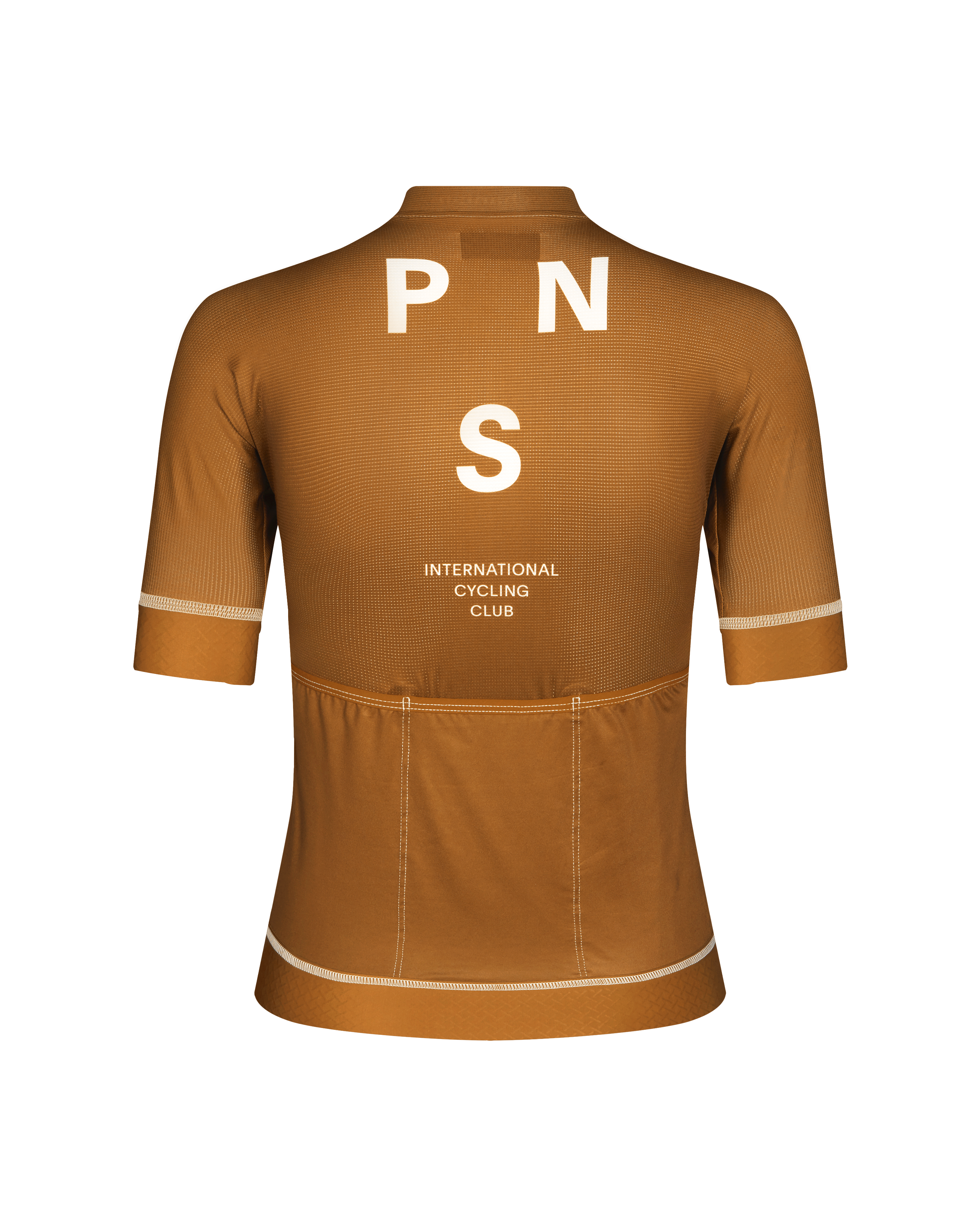 Brown Mechanism cycling jersey, rear view with white back text and contrast stitching