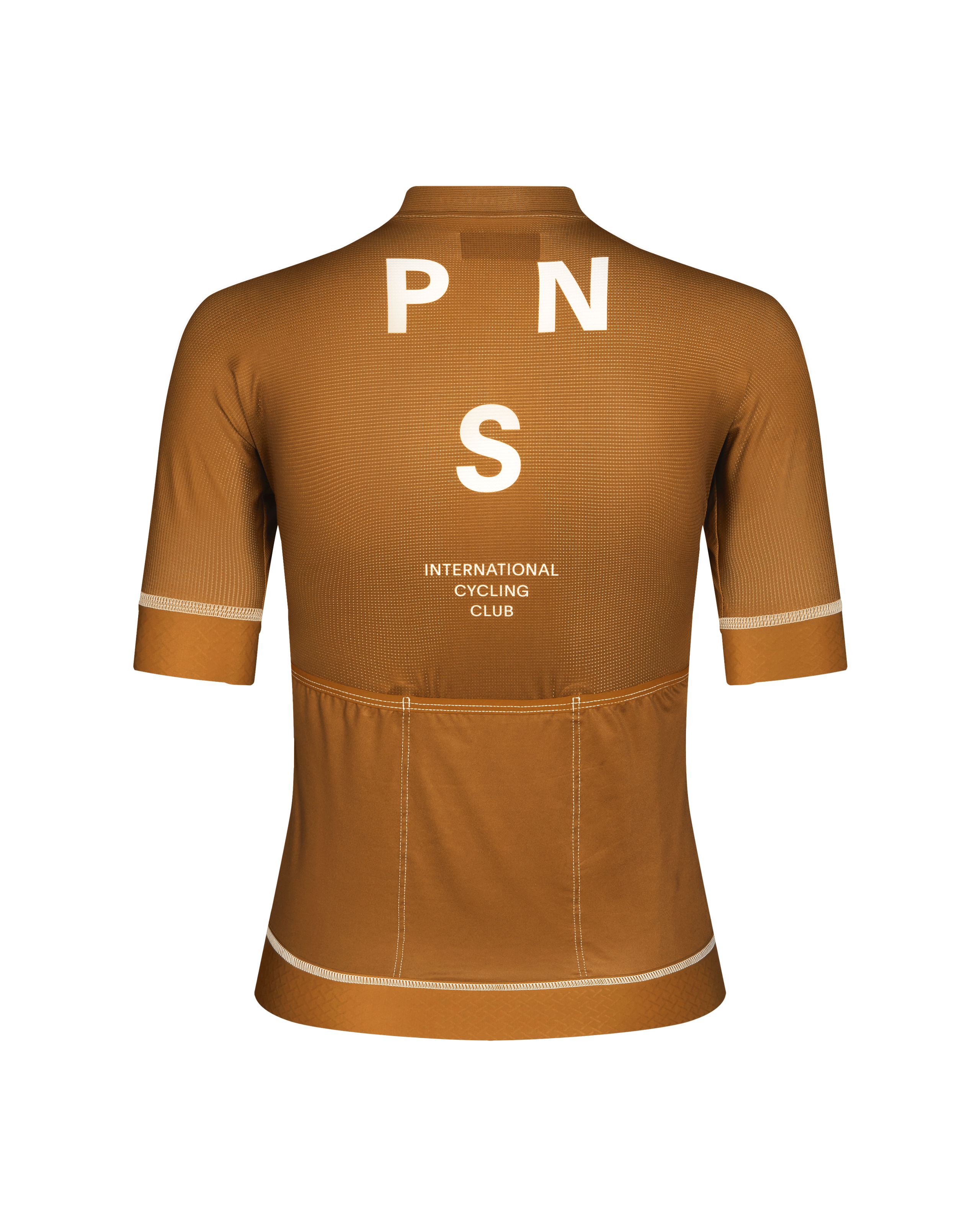 Brown Mechanism cycling jersey, rear view with white back text and contrast stitching