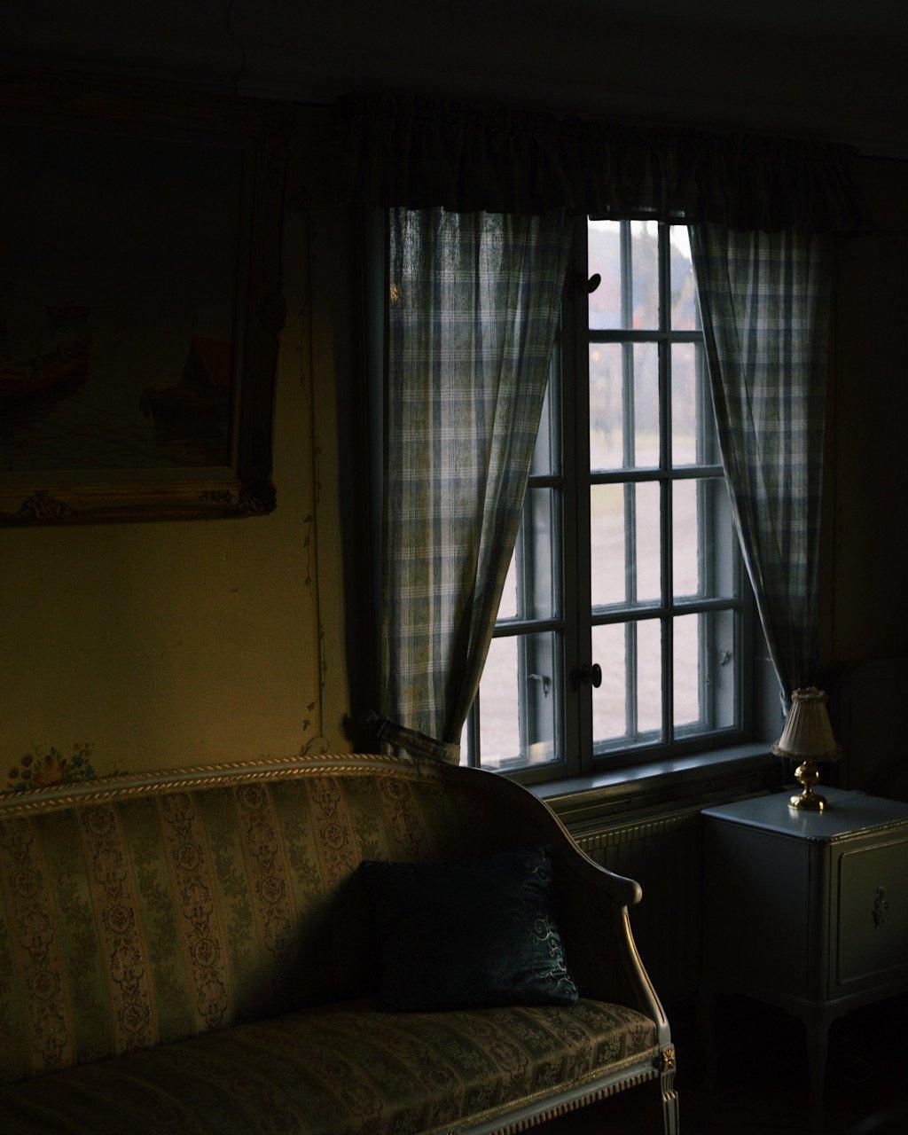 Interior room with ornate sofa, curtained window, and vintage lamp creating moody atmospheric lighting