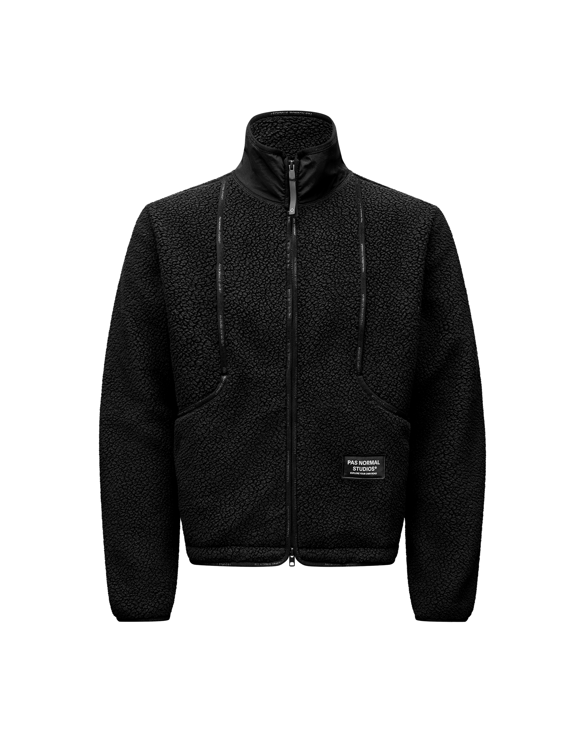 Black Off-Race Pile Fleece jacket, front flat lay with full zip and patch logo