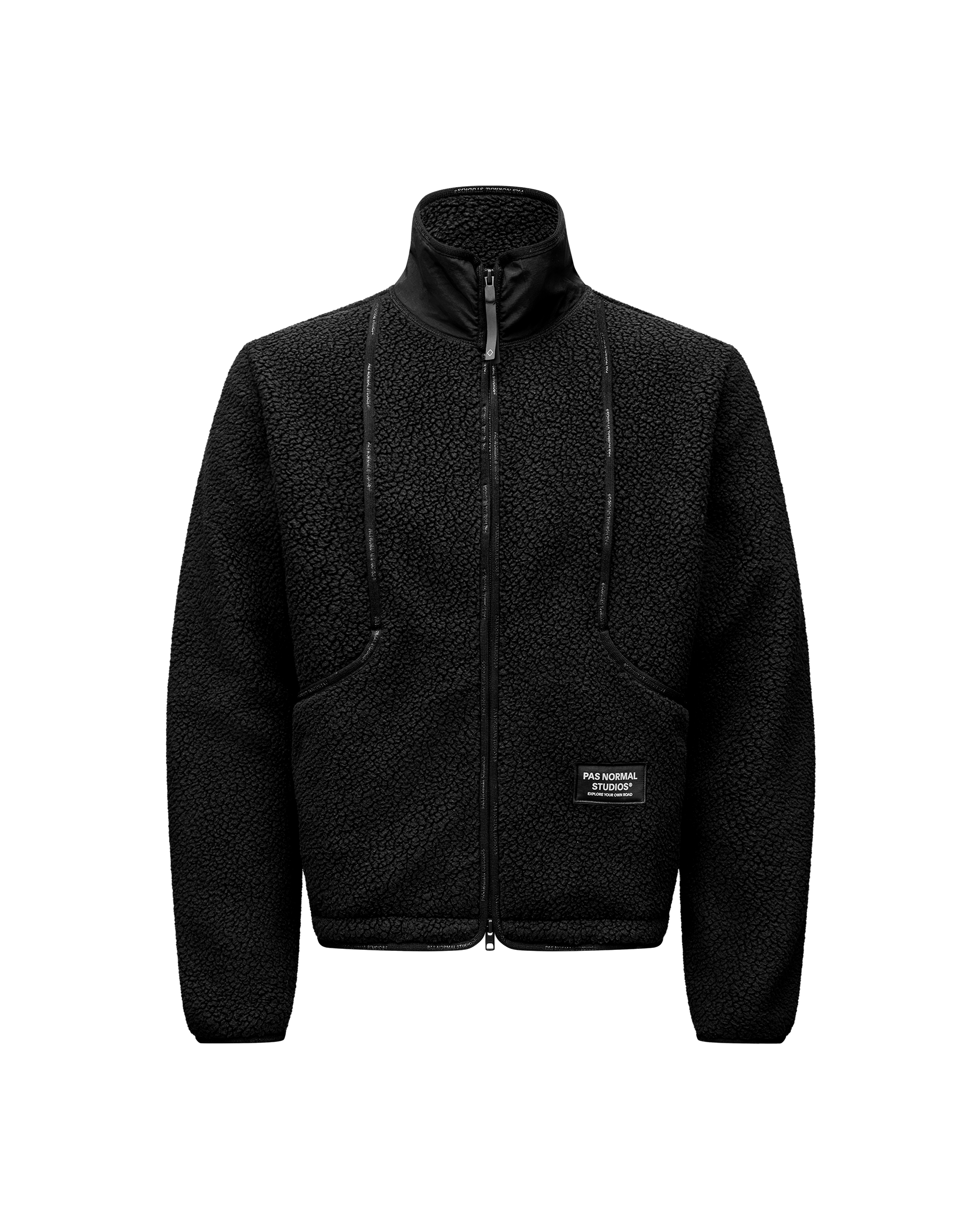 Black Off-Race Pile Fleece jacket, front flat lay with full zip and patch logo