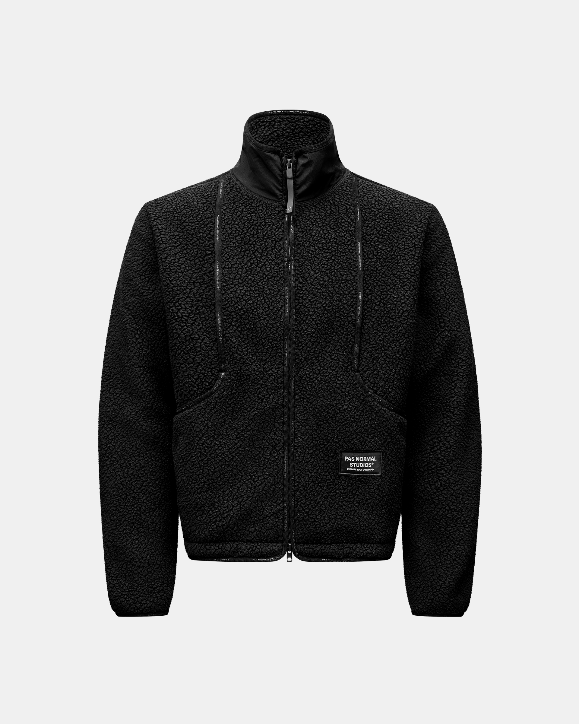 Black Off-Race Pile Fleece jacket, front flat lay with full zip and patch logo