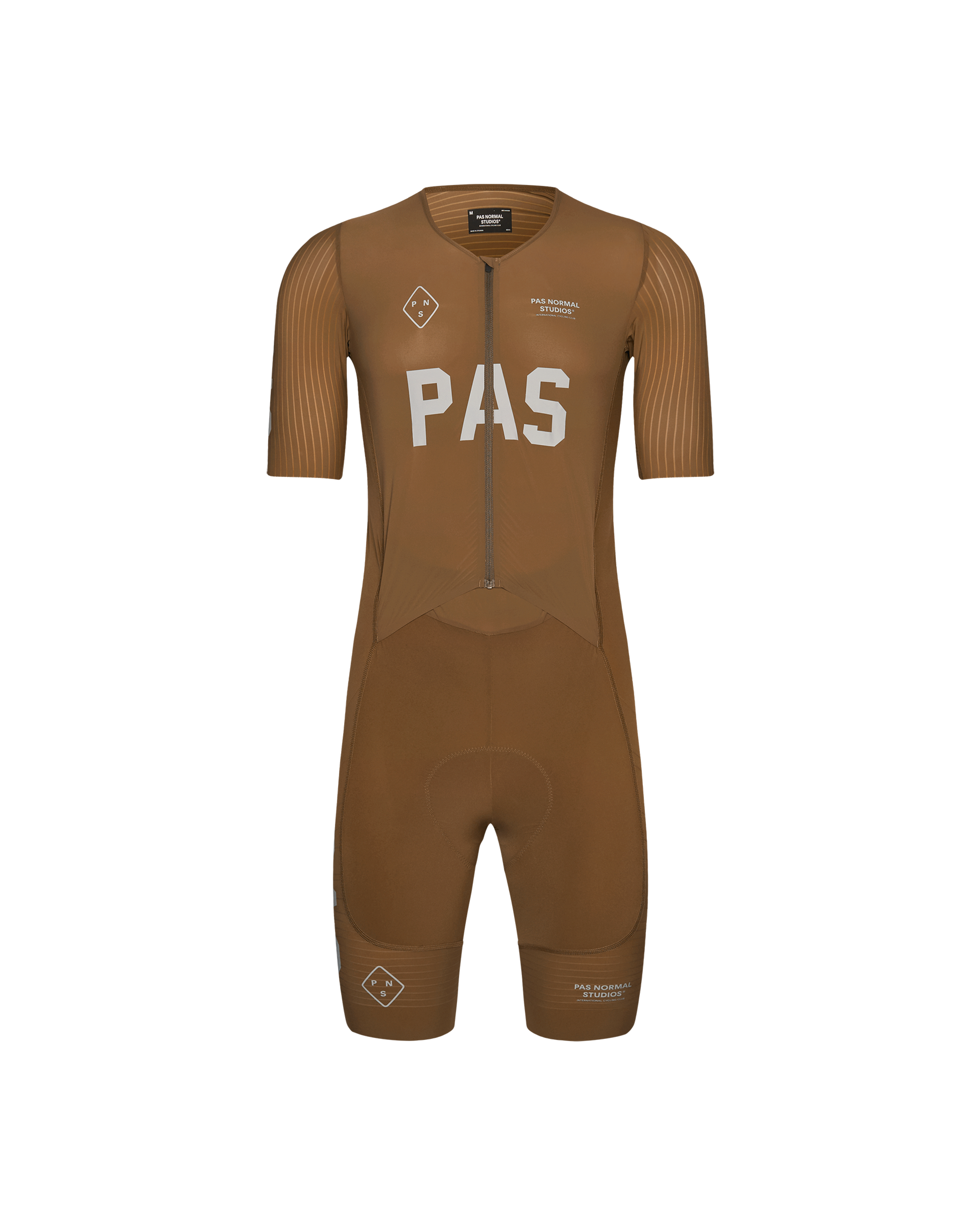 Brown PAS Mechanism Pro cycling speedsuit, front view with ribbed sleeves and white chest print