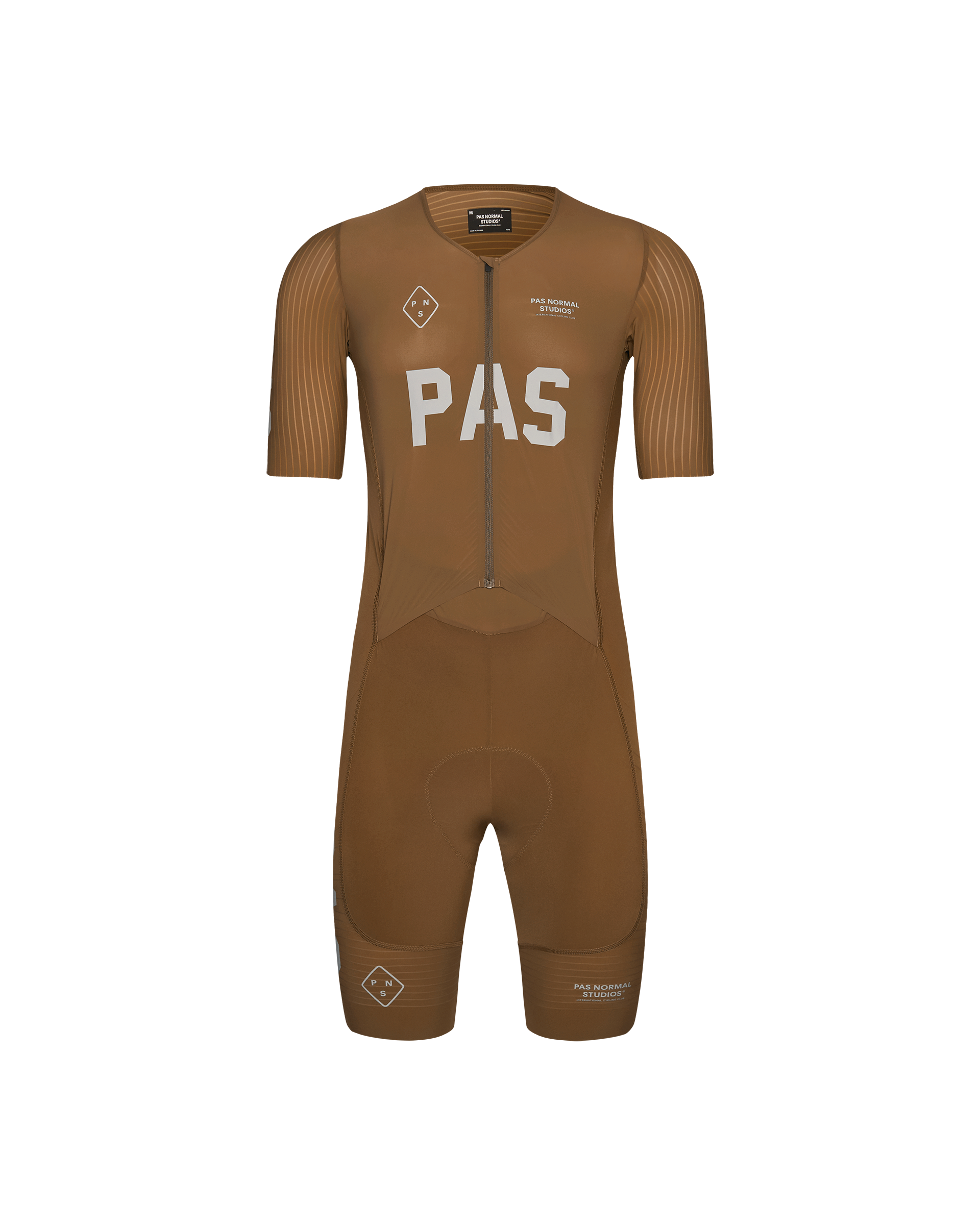 Brown PAS Mechanism Pro cycling speedsuit, front view with ribbed sleeves and white chest print