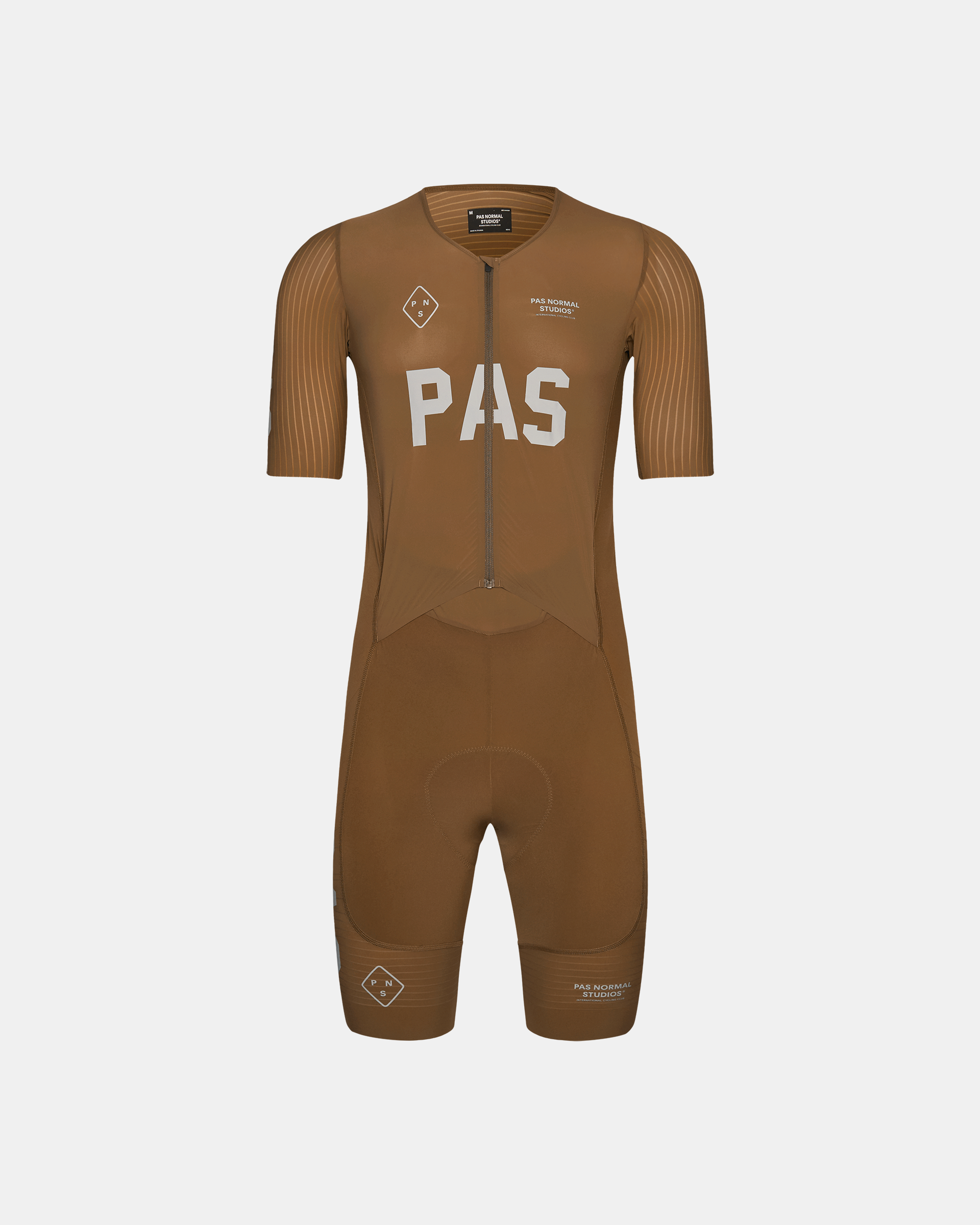 Brown PAS Mechanism Pro cycling speedsuit, front view with ribbed sleeves and white chest print