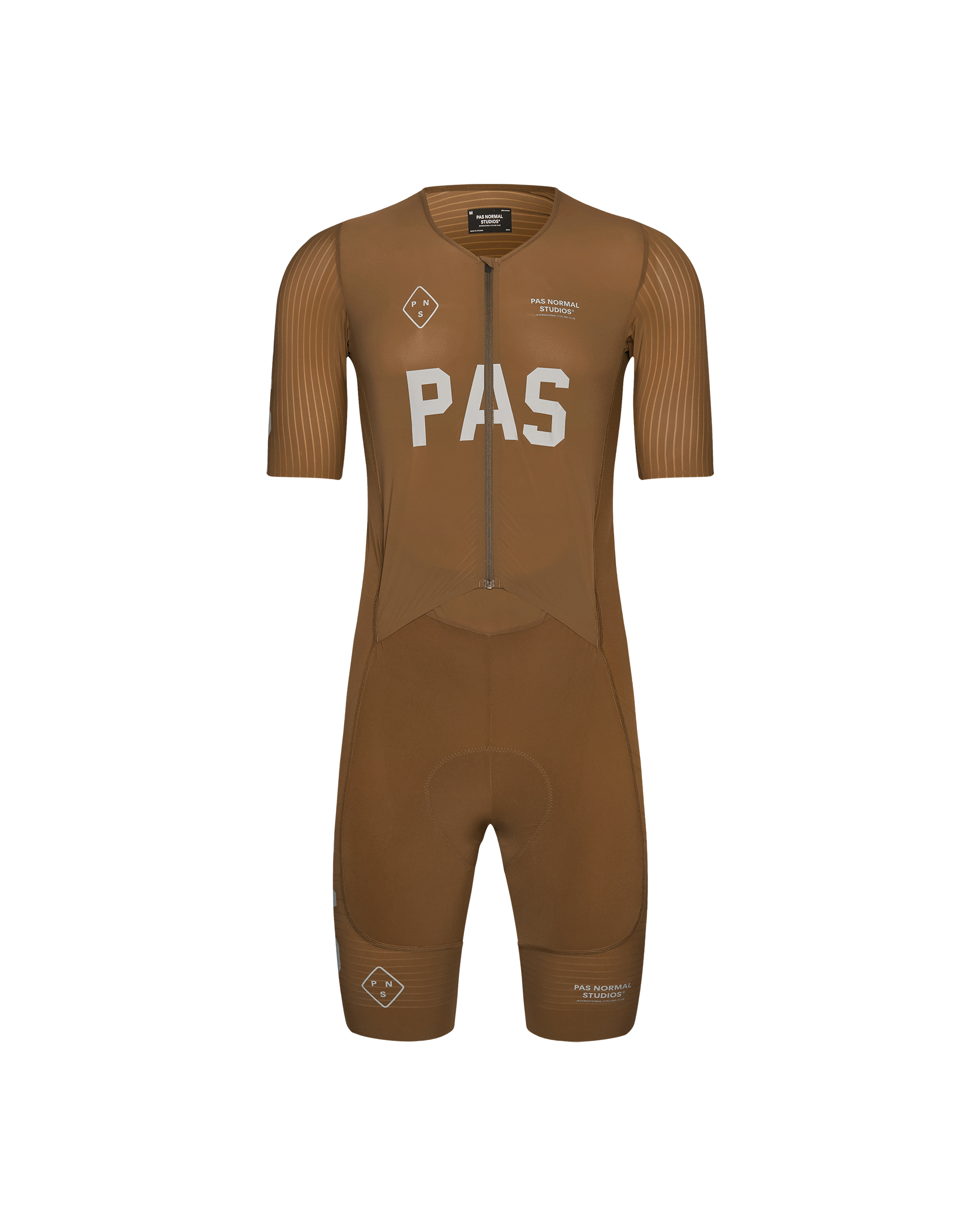 Brown PAS Mechanism Pro cycling speedsuit, front view with ribbed sleeves and white chest print