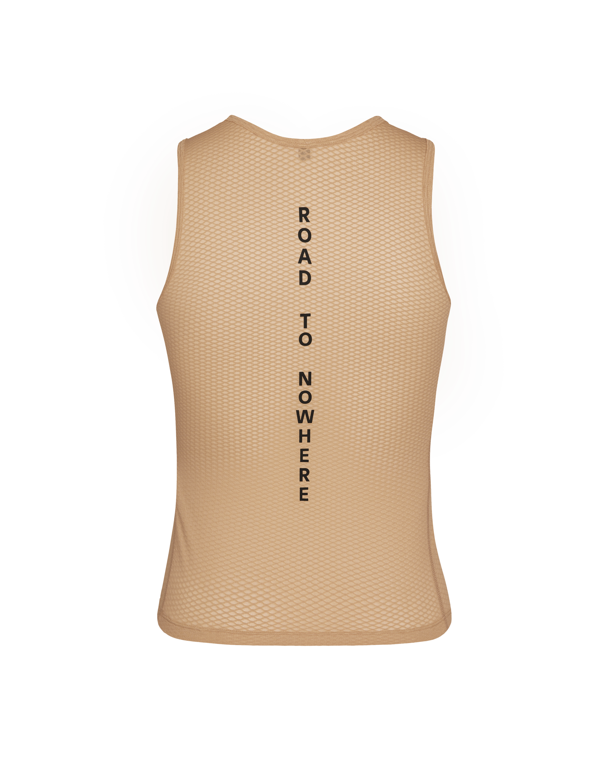 Camel Mechanism sleeveless cycling base layer, back view with vertical text print and mesh texture