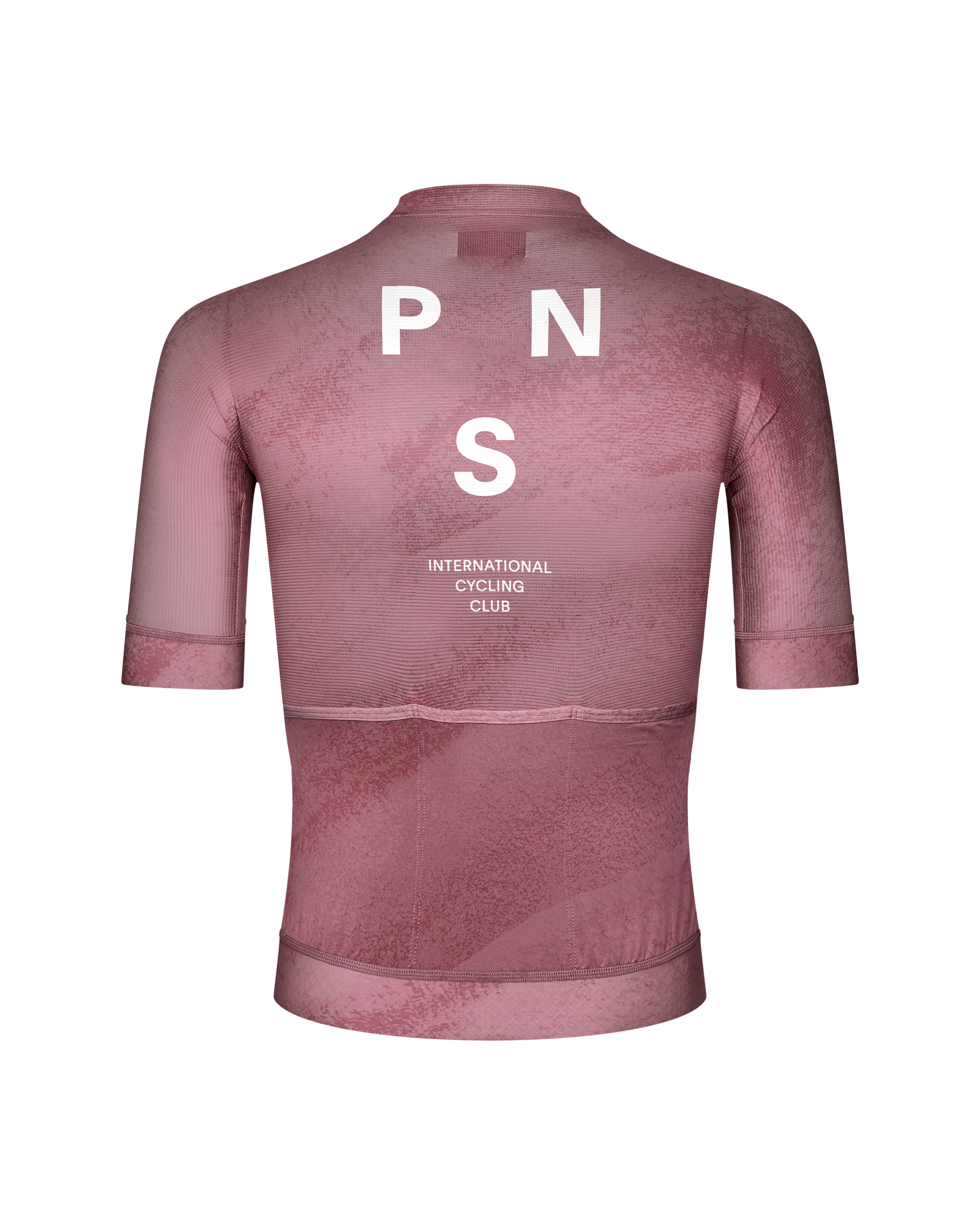 Purple Mechanism cycling jersey, rear view with white PNS logo and textured panels