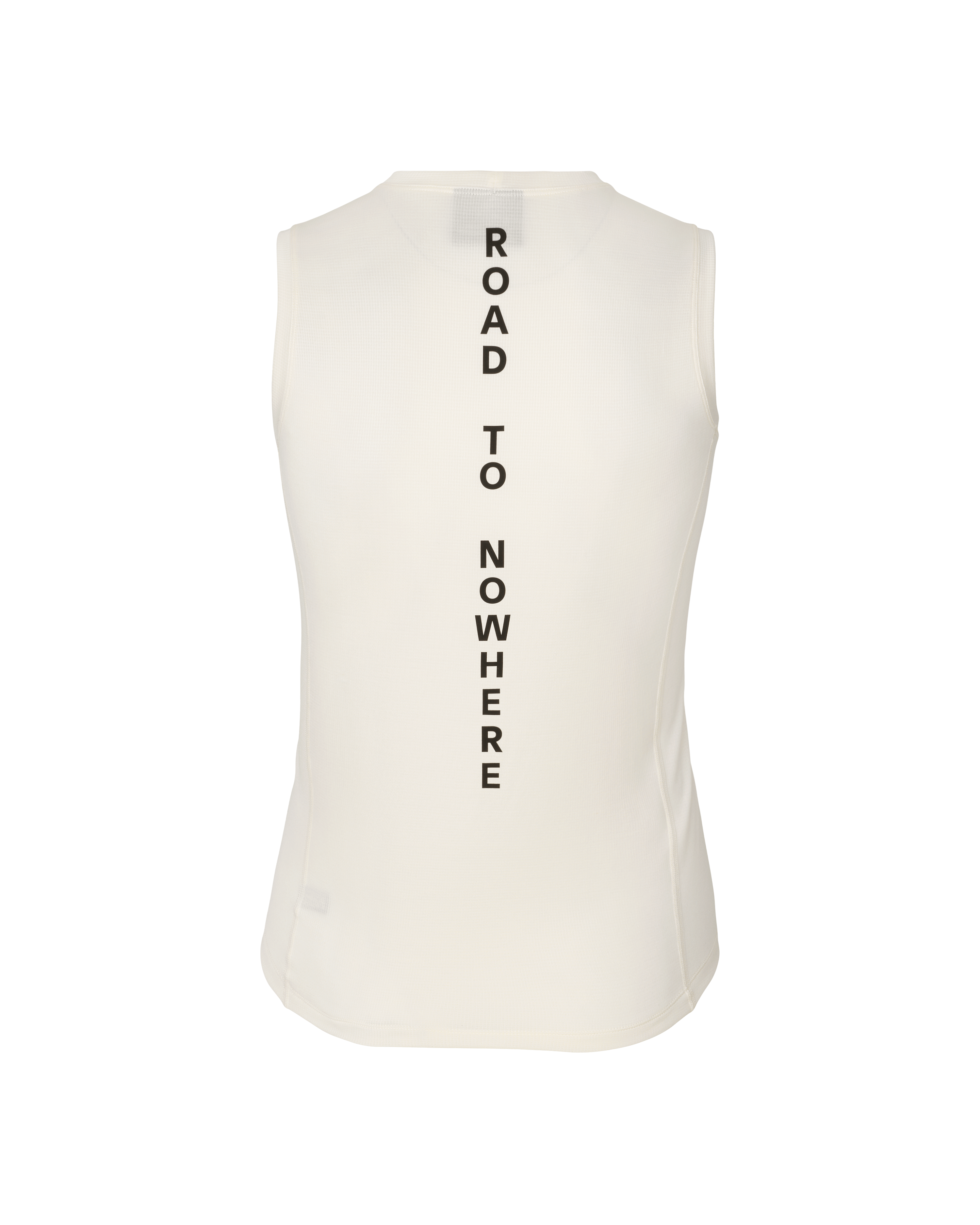 Off White Mid Sleeveless base layer, rear flat lay with vertical Road to Nowhere text print