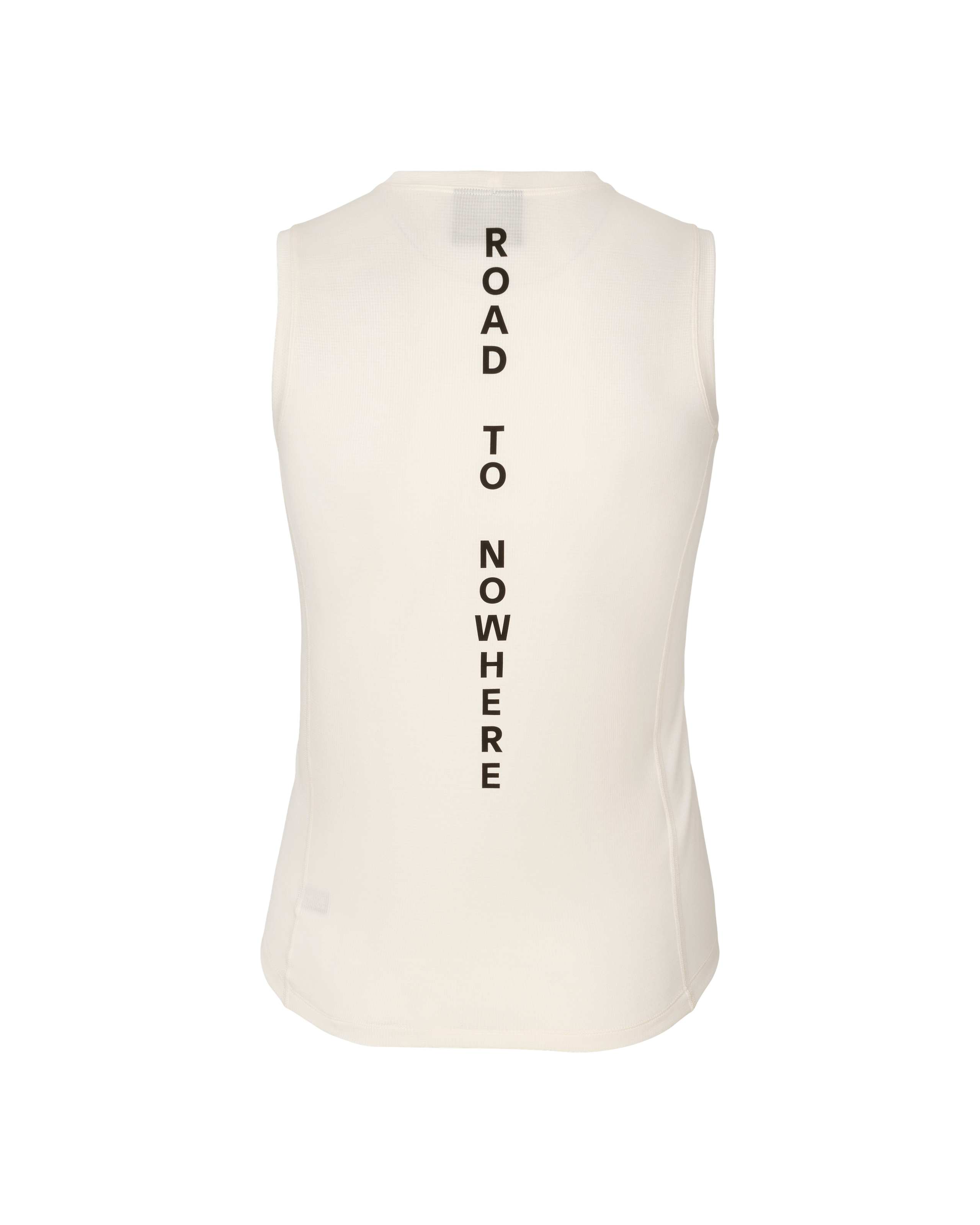Off White Mid Sleeveless base layer, rear flat lay with vertical Road to Nowhere text print