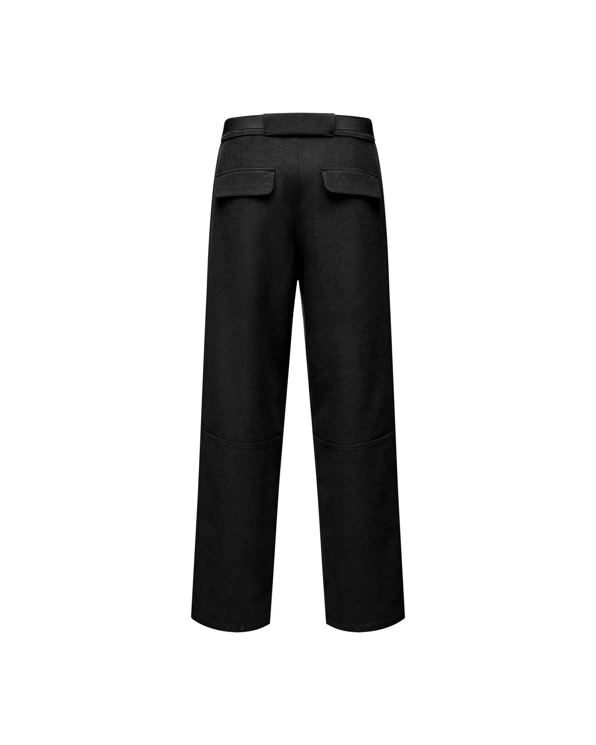 Black Off-Race Corduroy pants, rear flat lay with two flap back pockets and curved knee seams