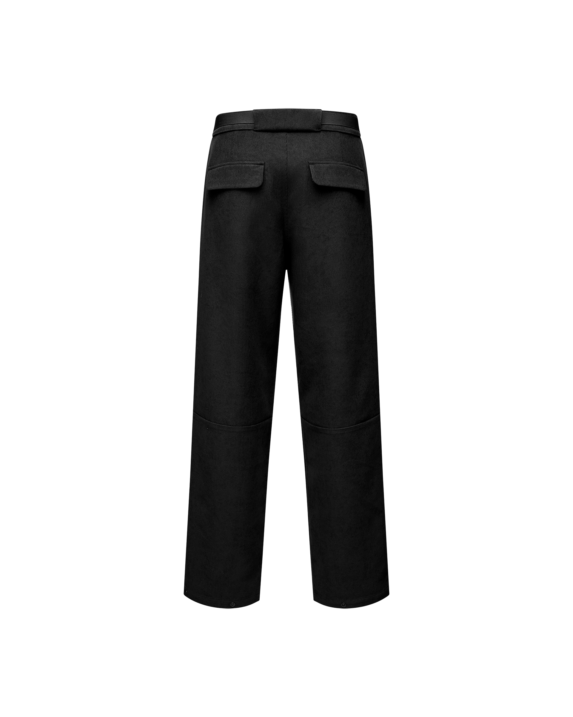 Black Off-Race Corduroy pants, rear flat lay with two flap back pockets and curved knee seams