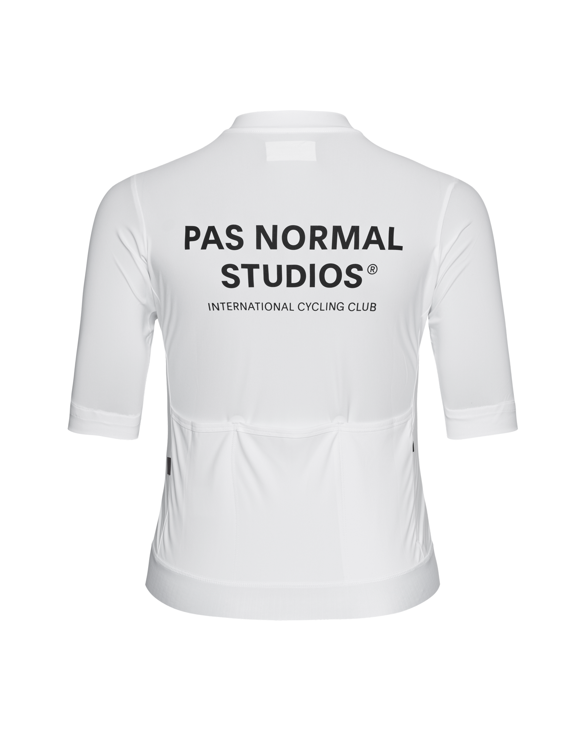 White Essential cycling jersey, rear flat lay with black logo print