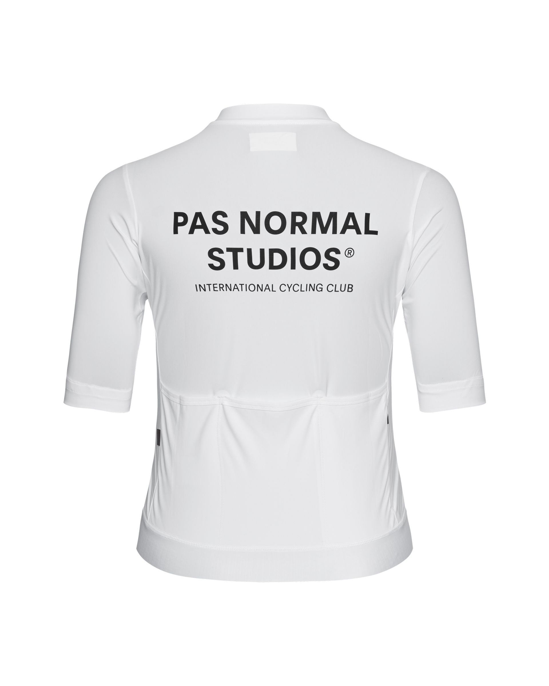 White Essential cycling jersey, rear flat lay with black logo print