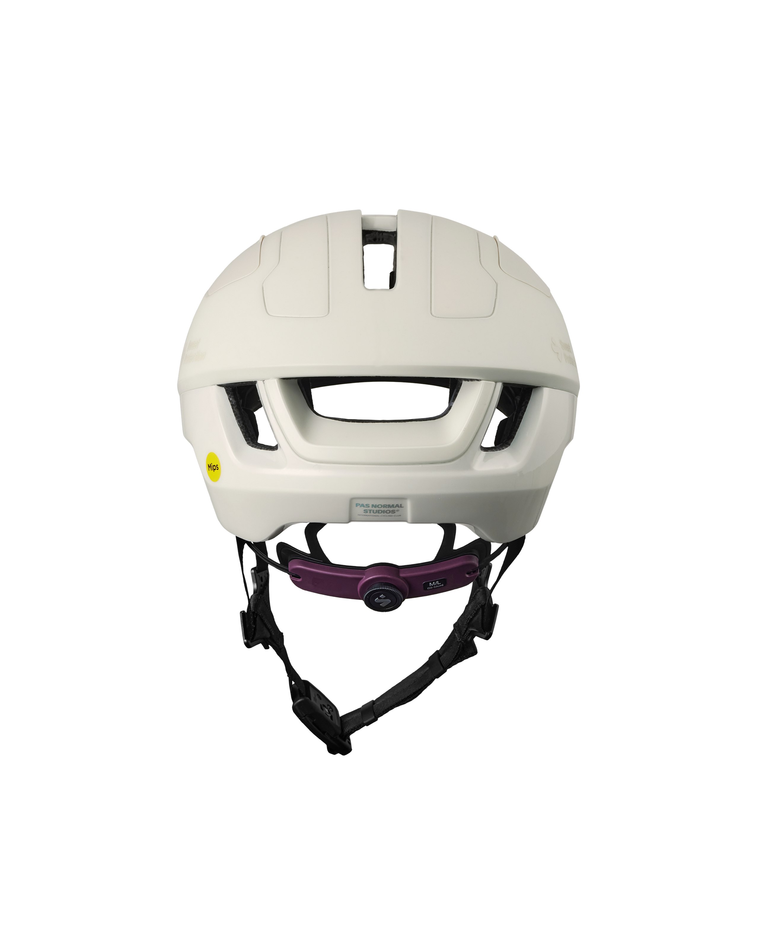 Off White Sweet Protection Falconer Aero 2Vi MIPS cycling helmet, rear view with purple adjustment dial