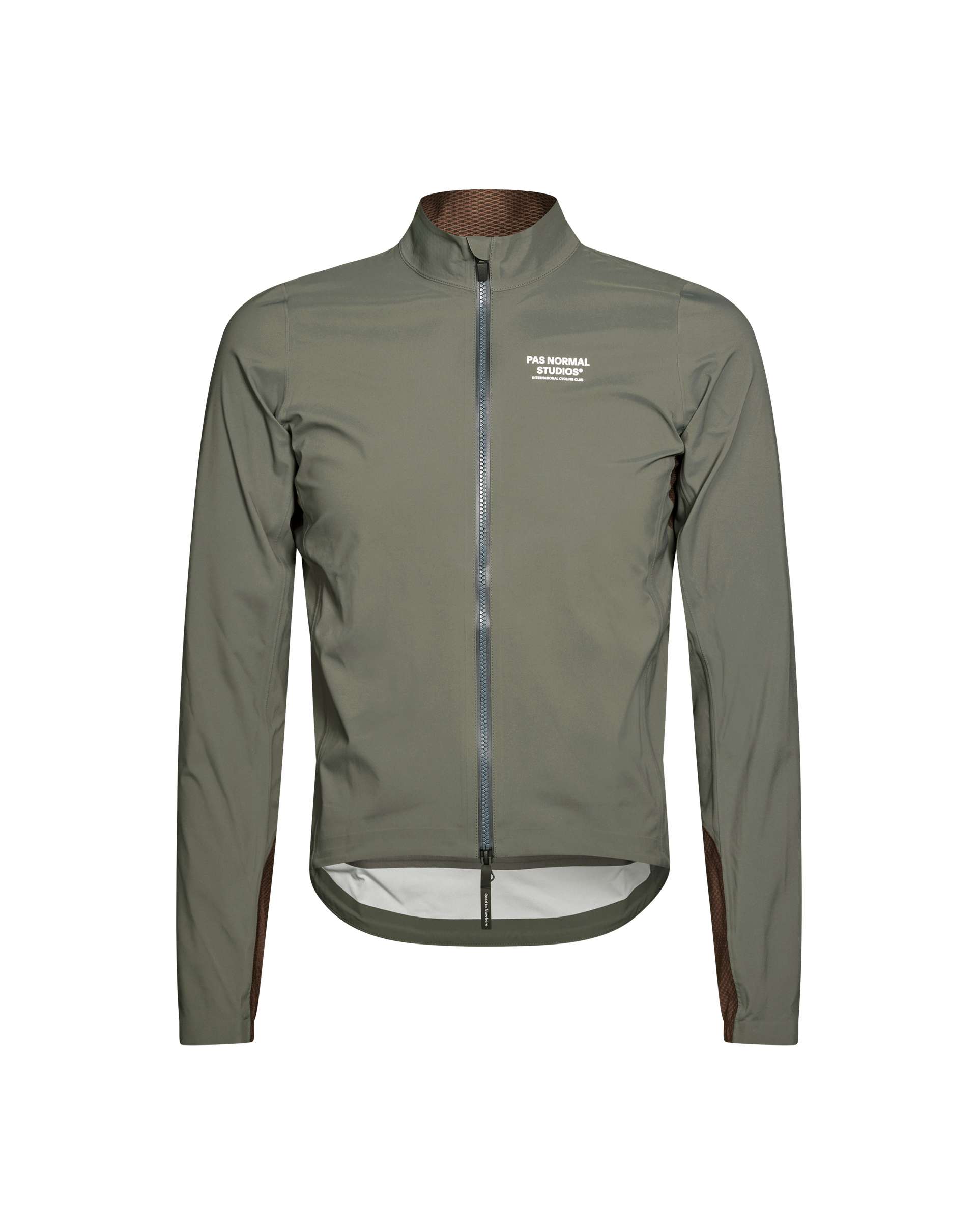 Dark Grey Mechanism Shell cycling jacket, front flat lay with full zip and white chest logo
