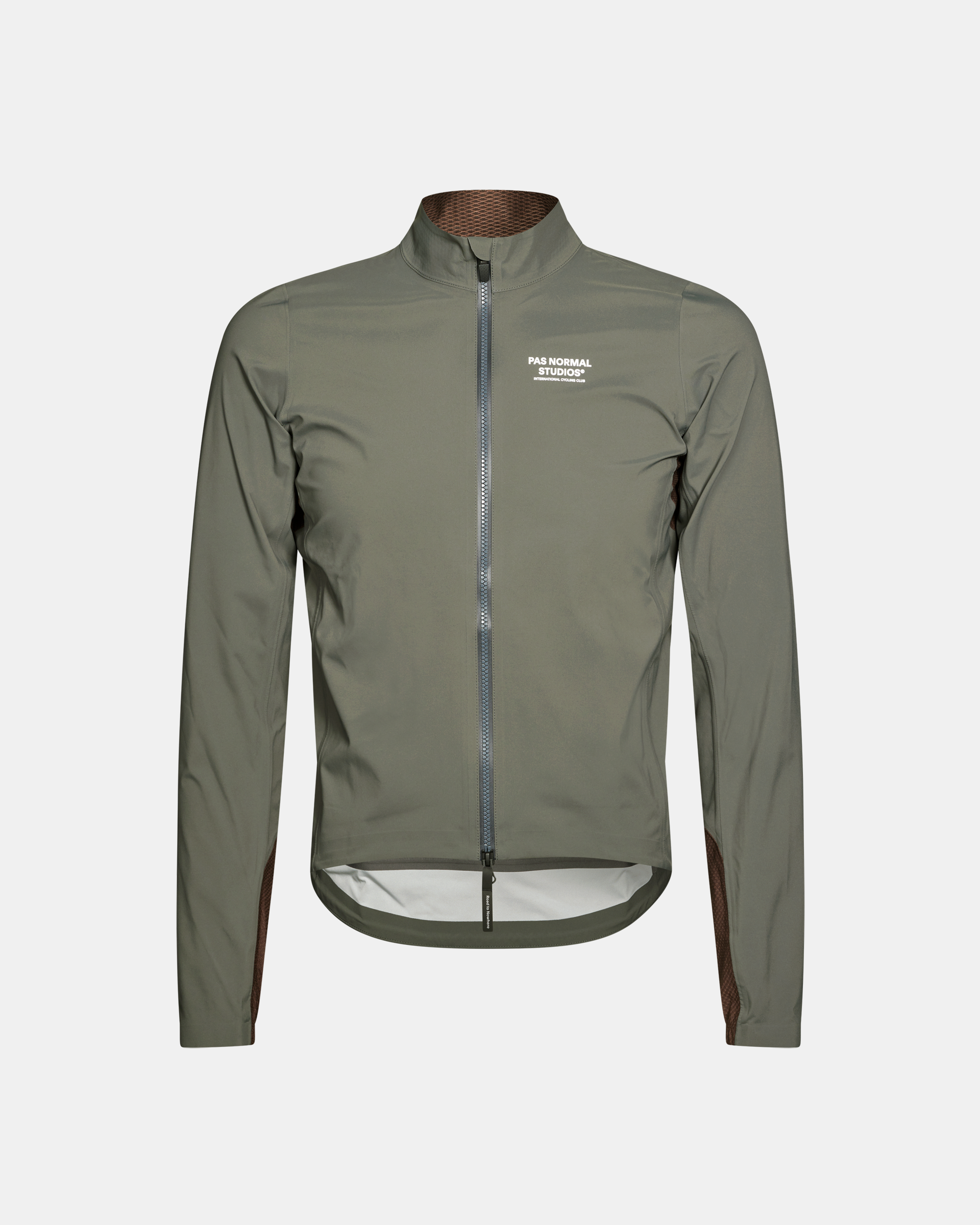 Dark Grey Mechanism Shell cycling jacket, front flat lay with full zip and white chest logo