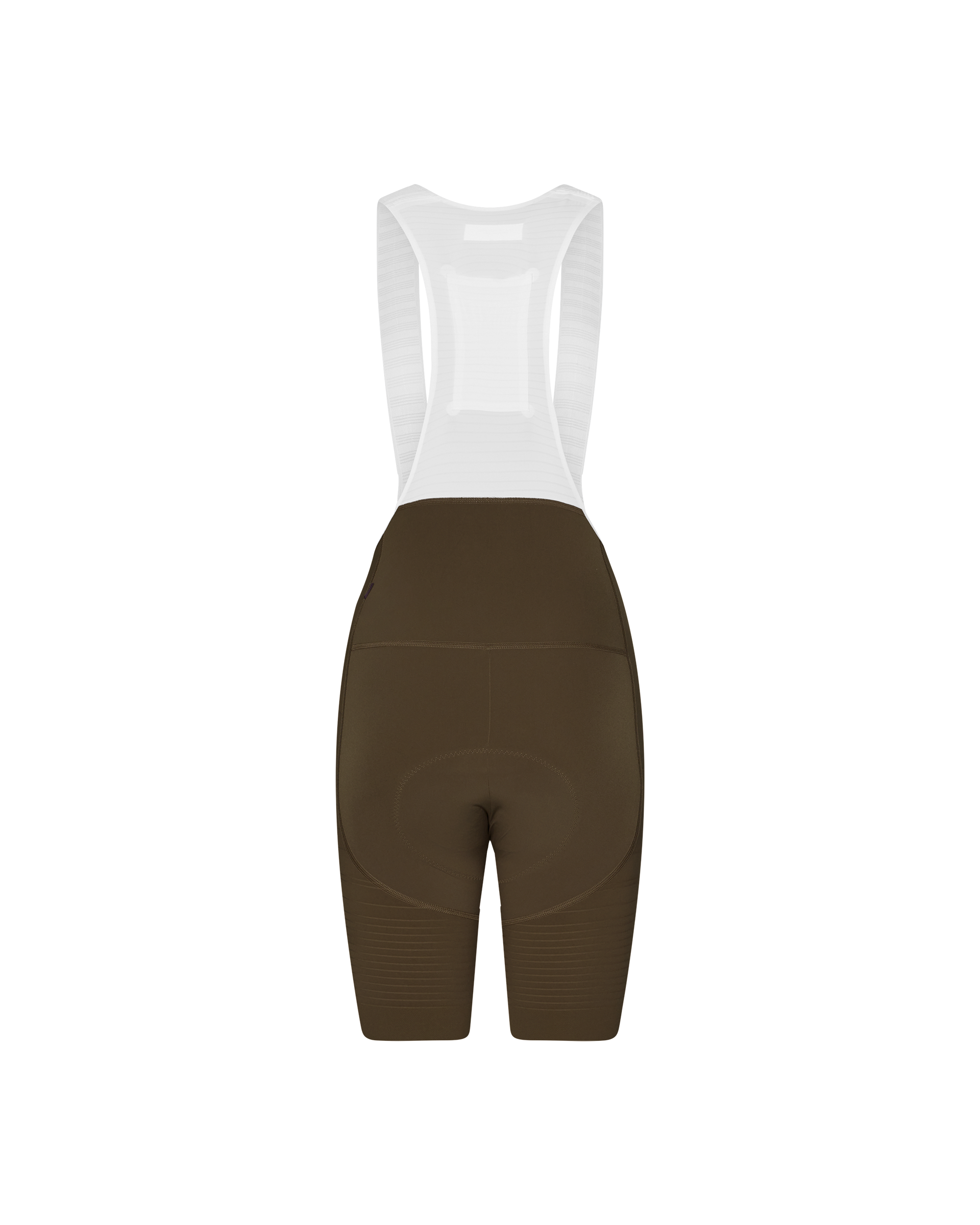 Dark Earth brown PAS Mechanism Pro women's cycling bibs, rear flat lay with white bib straps