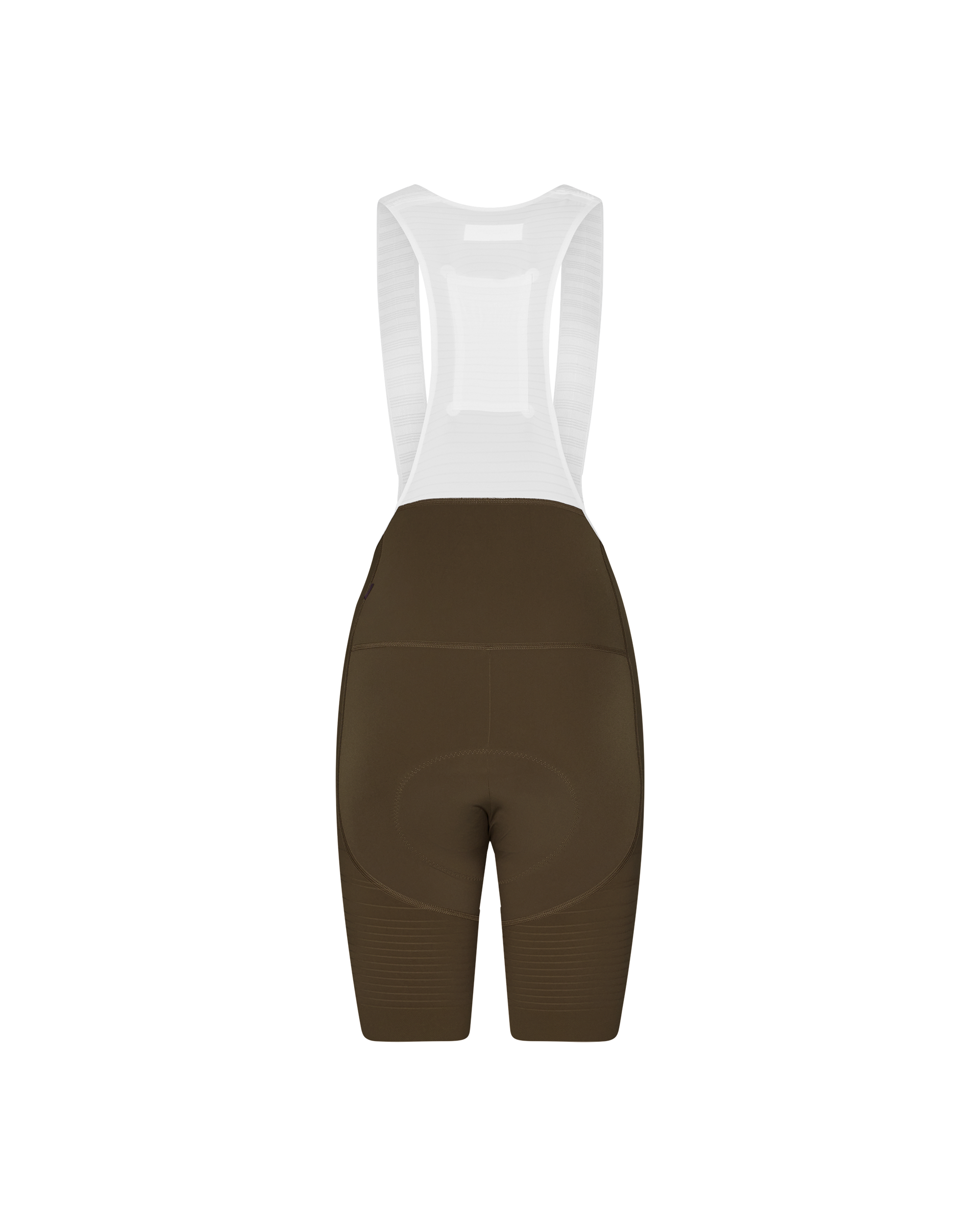 Dark Earth brown PAS Mechanism Pro women's cycling bibs, rear flat lay with white bib straps