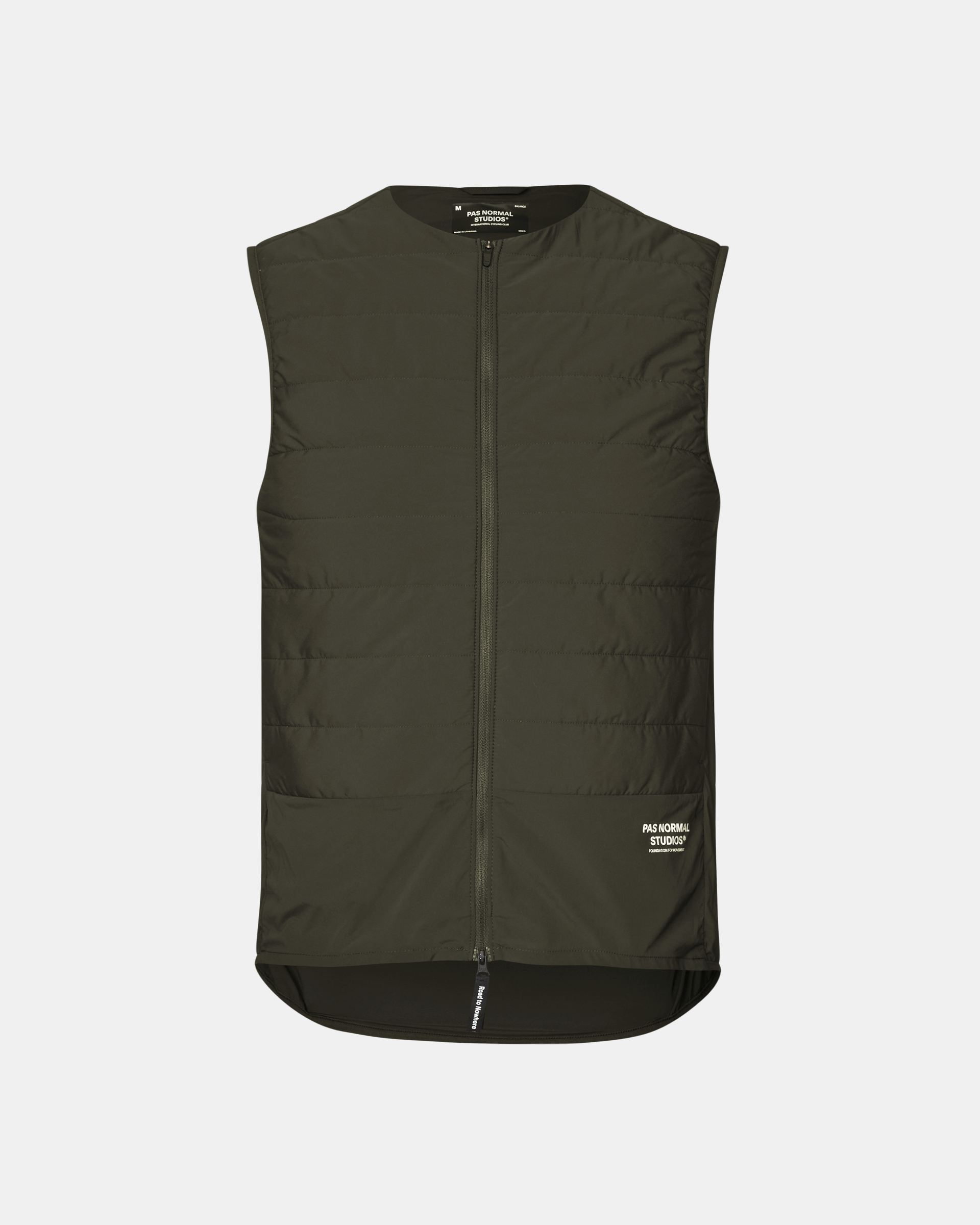 Dark Olive Balance Insulated cycling vest, front flat lay with full zip and quilted panels