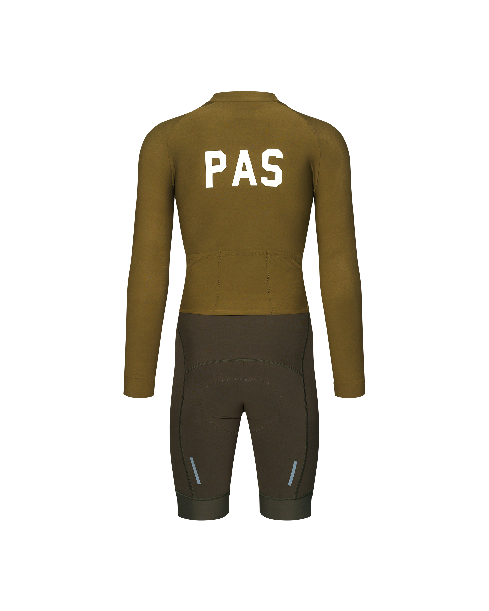 Moss Brown PAS cycling speedsuit, rear flat lay with white back print and contrast dark lower panel