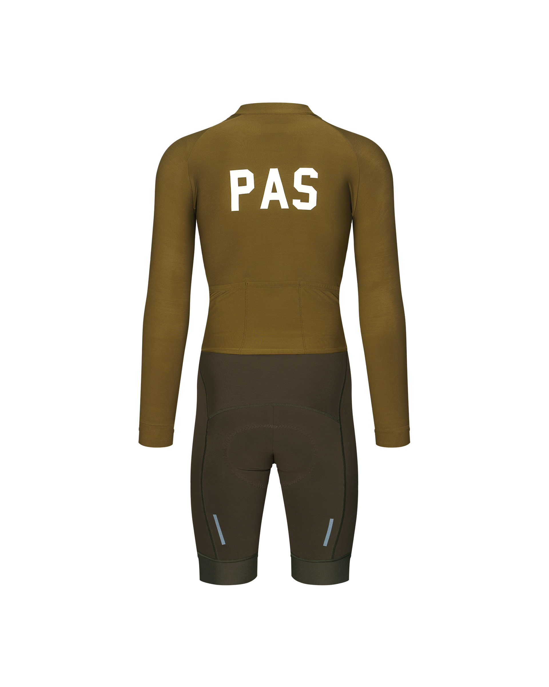 Moss Brown PAS cycling speedsuit, rear flat lay with white back print and contrast dark lower panel